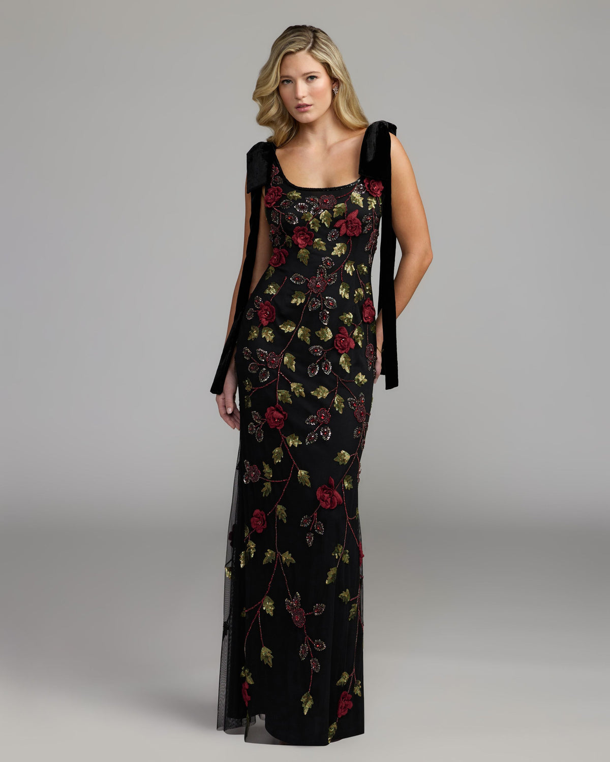 Black Red 3D Floral Embellished Gown with Velvet Bows Mac Duggal