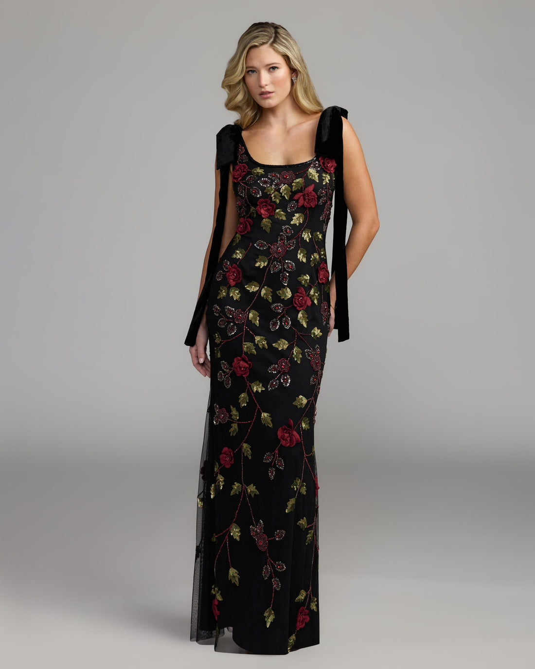 Black Red 3D Floral Embellished Gown with Velvet Bows Mac Duggal