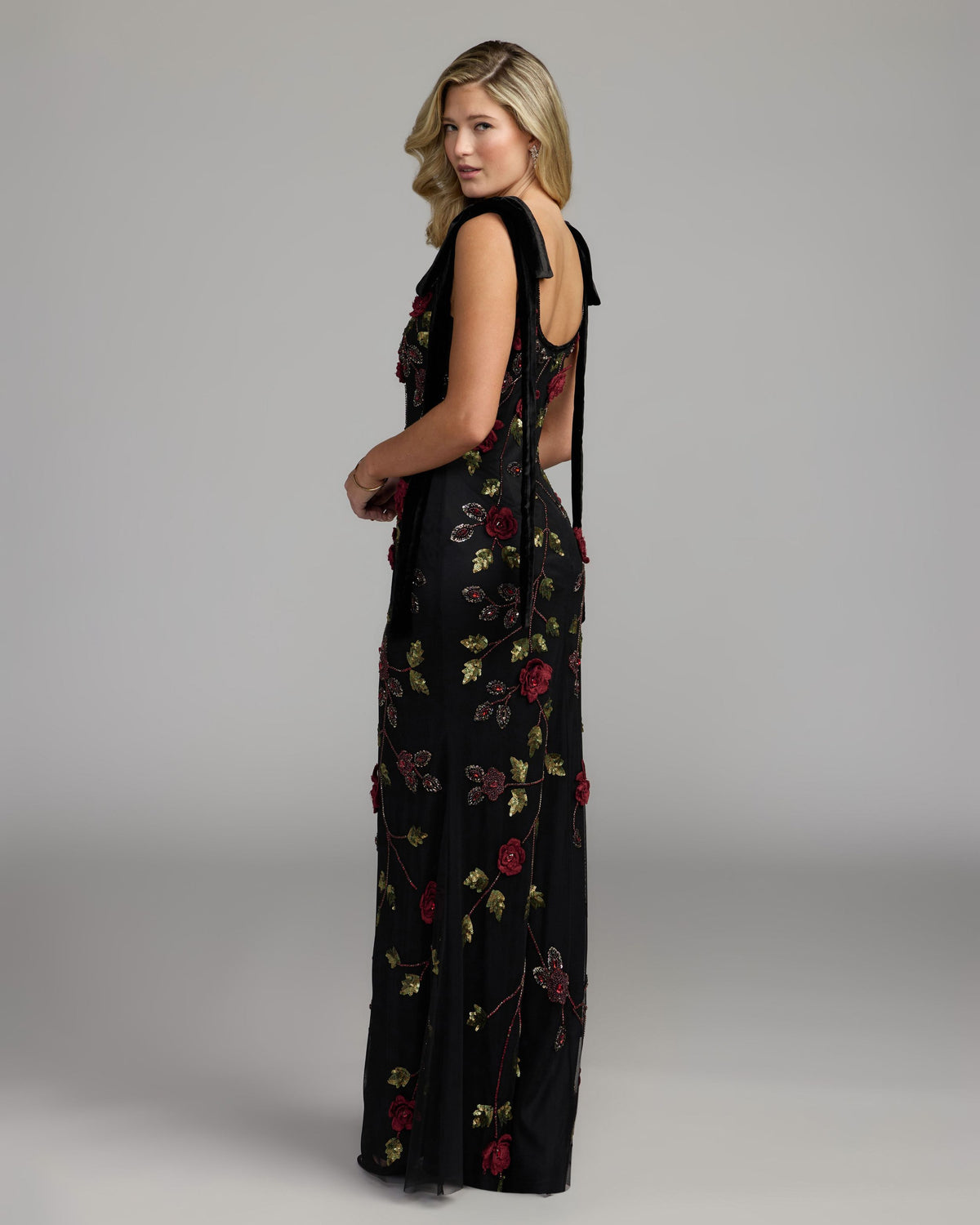 Black Red 3D Floral Embellished Gown with Velvet Bows Mac Duggal