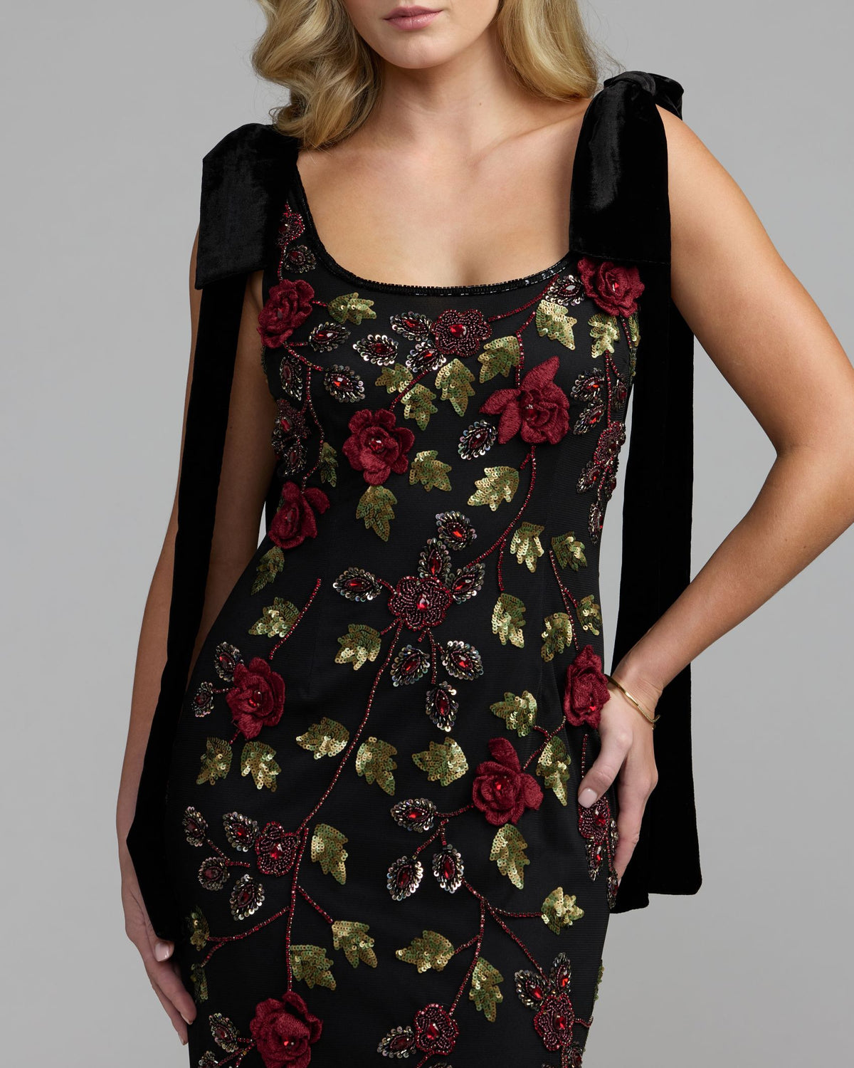 Black Red 3D Floral Embellished Gown with Velvet Bows Mac Duggal