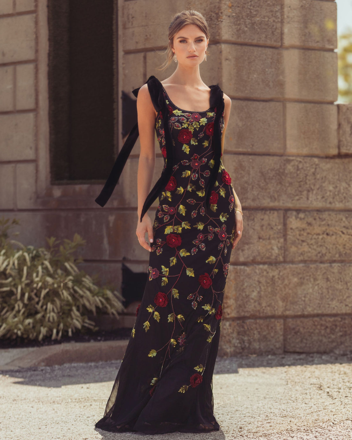 Black Red 3D Floral Embellished Gown with Velvet Bows Mac Duggal