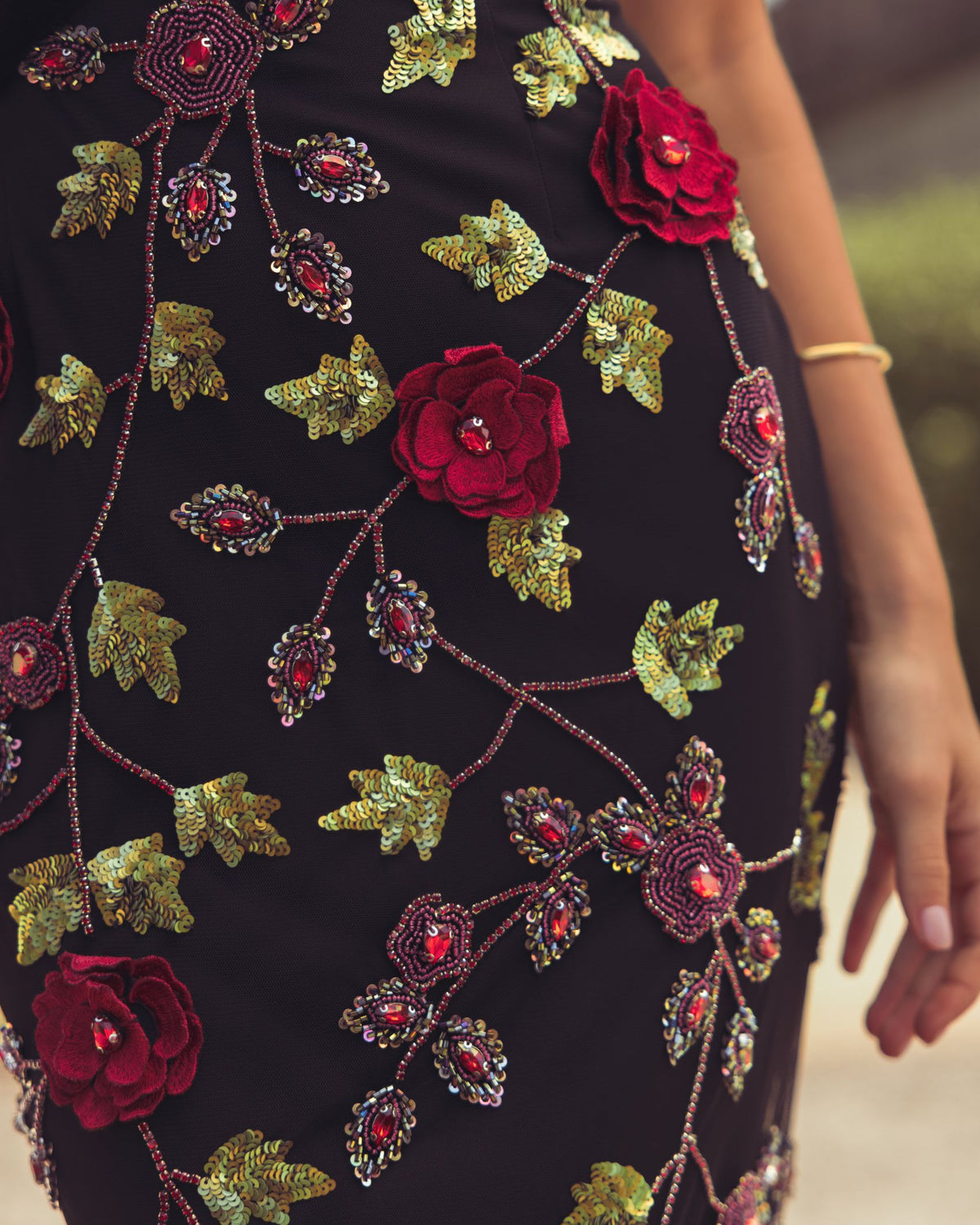 Black Red 3D Floral Embellished Gown with Velvet Bows Mac Duggal