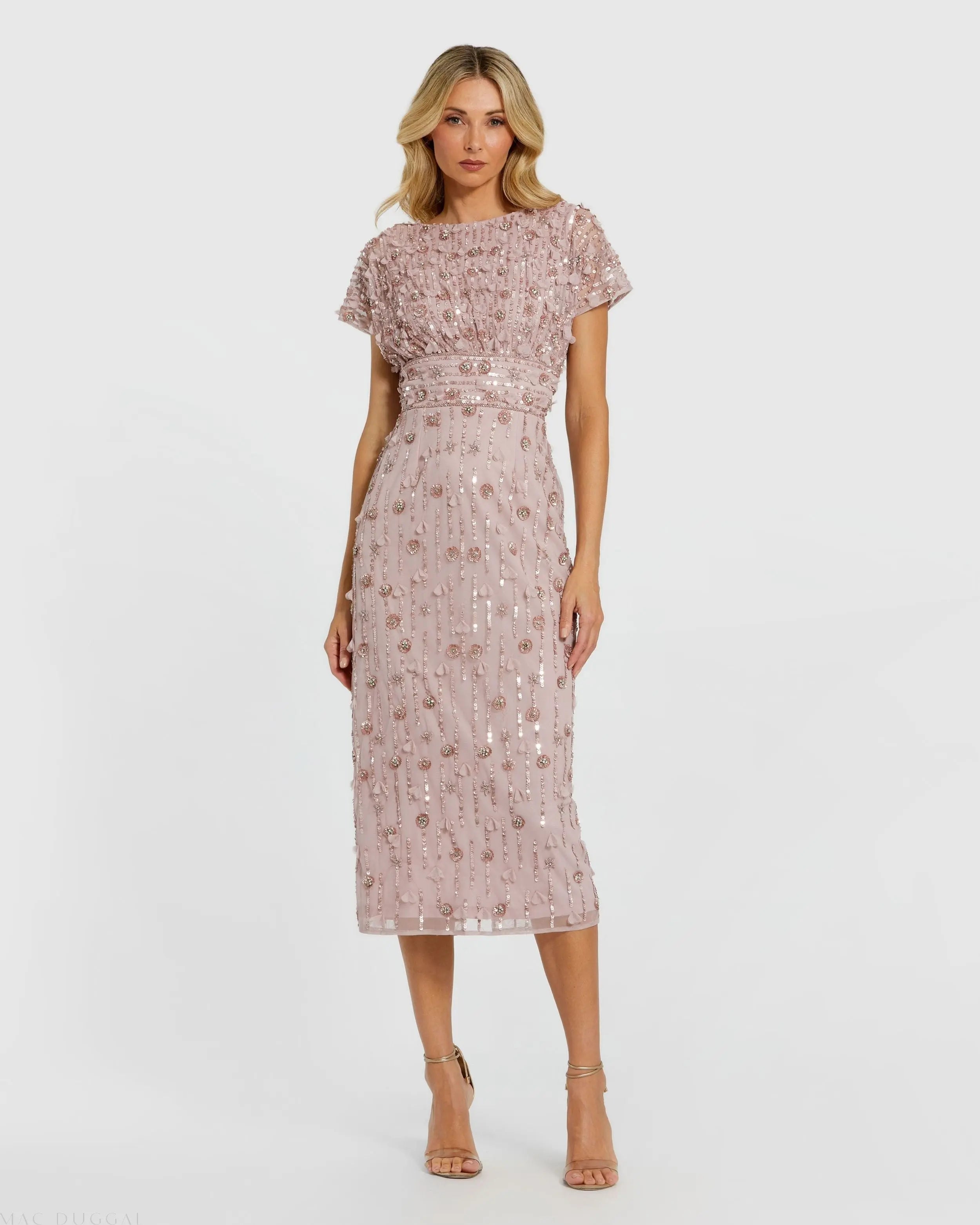Pink Cap Sleeve Sheath Midi Dress With Floral Beading Mac Duggal