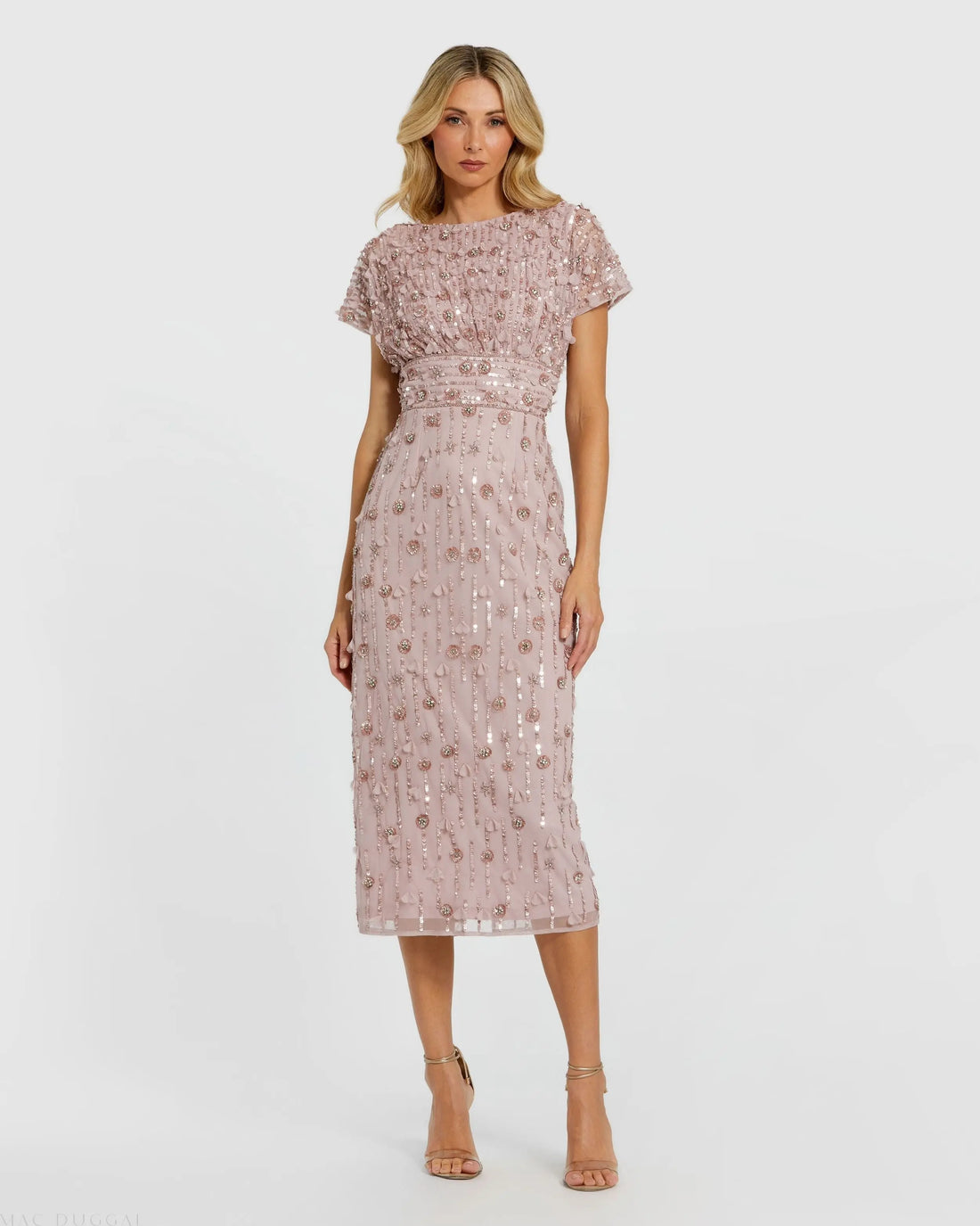 Pink Cap Sleeve Sheath Midi Dress With Floral Beading Pink Cap Sleeve Sheath Midi Dress With Floral Beading
