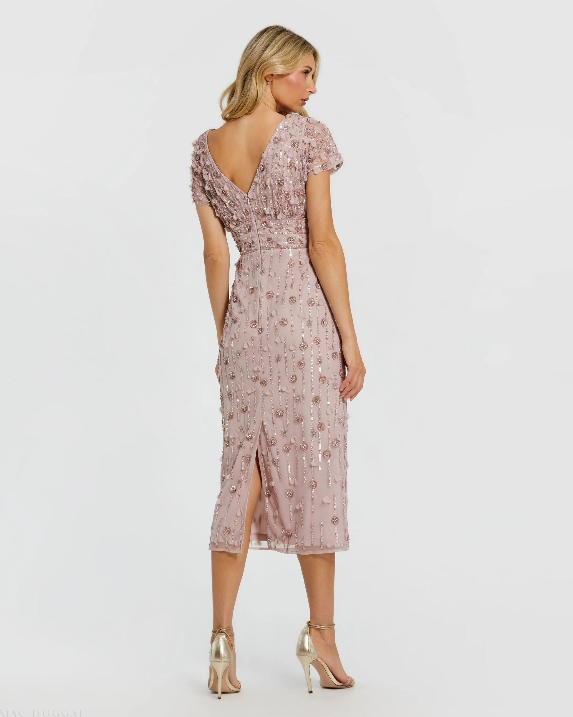 Pink Cap Sleeve Sheath Midi Dress With Floral Beading Pink Cap Sleeve Sheath Midi Dress With Floral Beading