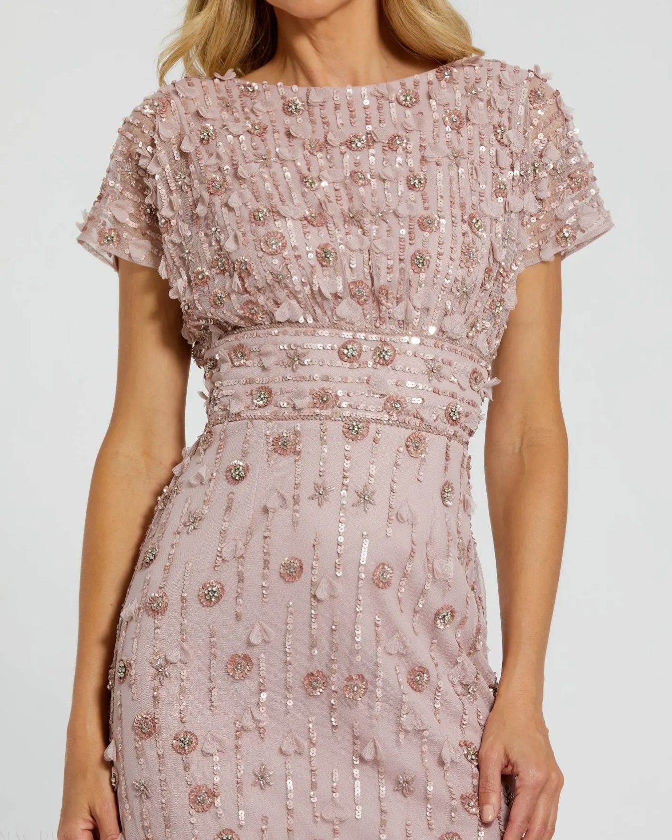 Pink Cap Sleeve Sheath Midi Dress With Floral Beading | Mac Duggal