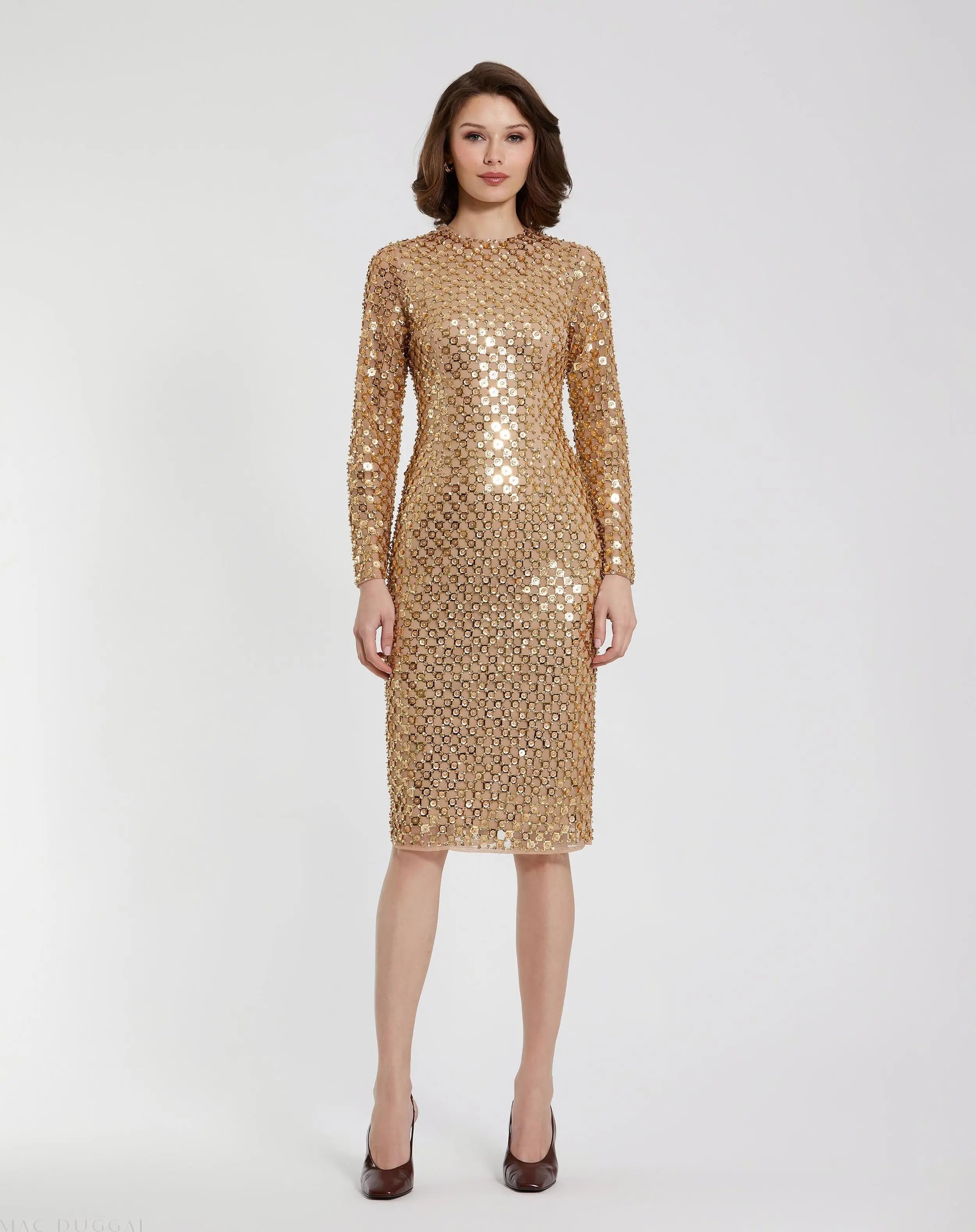 Gold Beaded Georgette Long Sleeve Fitted Midi Dress - Mac Duggal