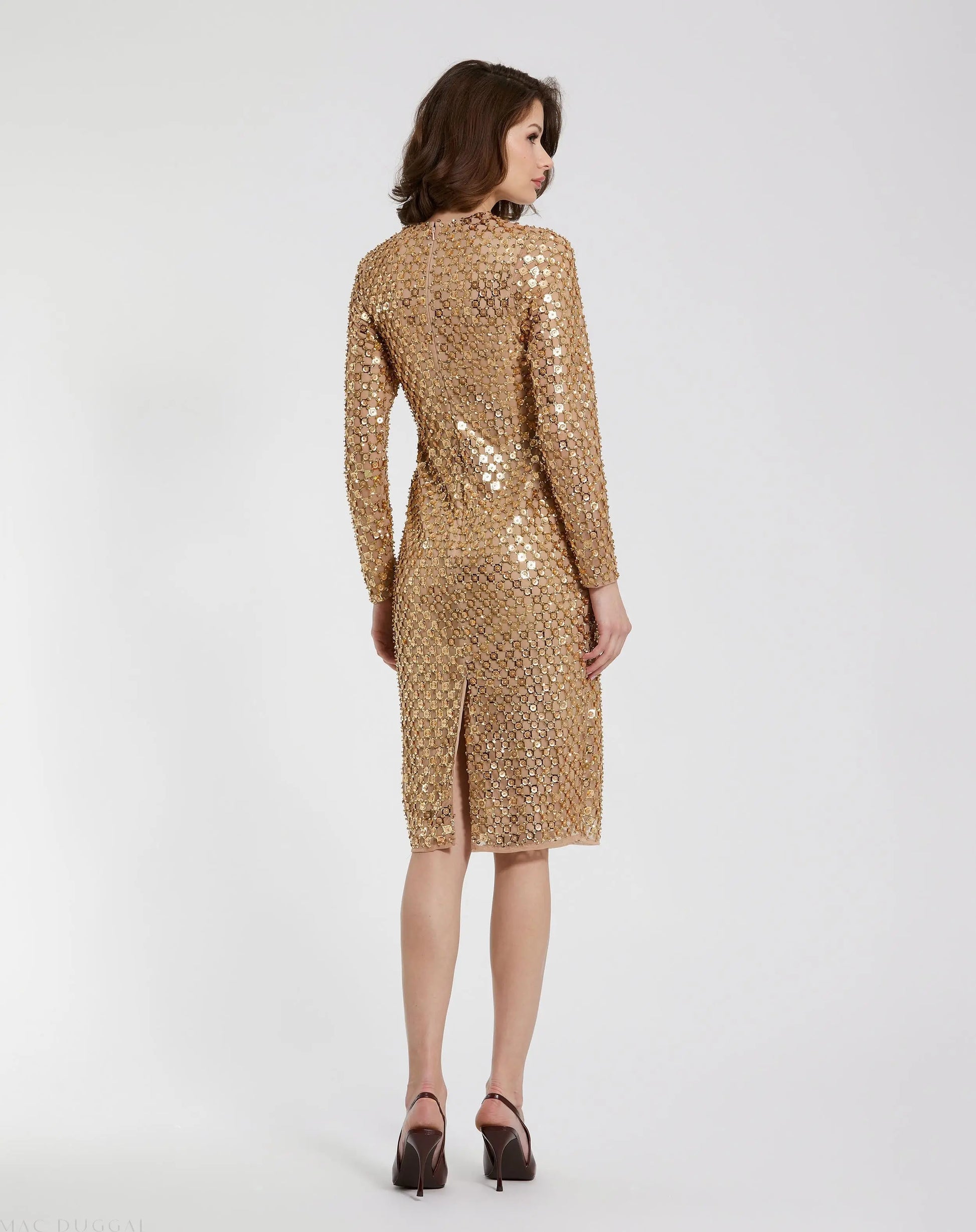 Gold Beaded Georgette Long Sleeve Fitted Midi Dress - Mac Duggal Gold Beaded Georgette Long Sleeve Fitted Midi Dress - Mac Duggal