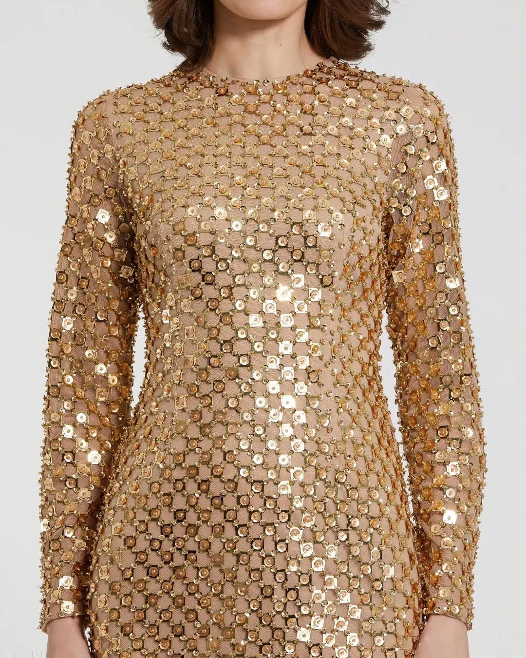 Gold Beaded Georgette Long Sleeve Fitted Midi Dress - Mac Duggal