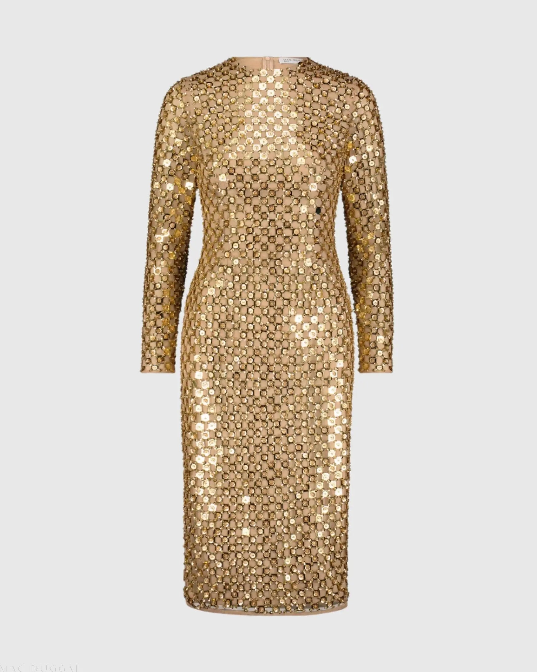 Gold Beaded Georgette Long Sleeve Fitted Midi Dress - Mac Duggal