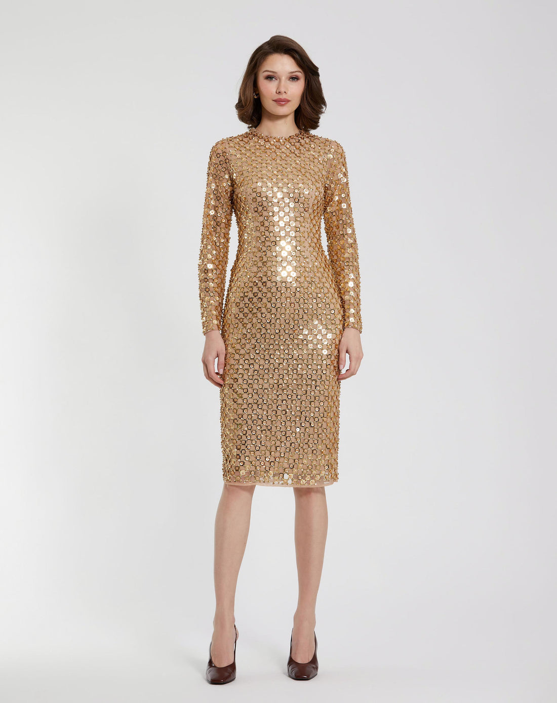 Beaded Sequin Mesh Long Sleeve Fitted Midi Dress