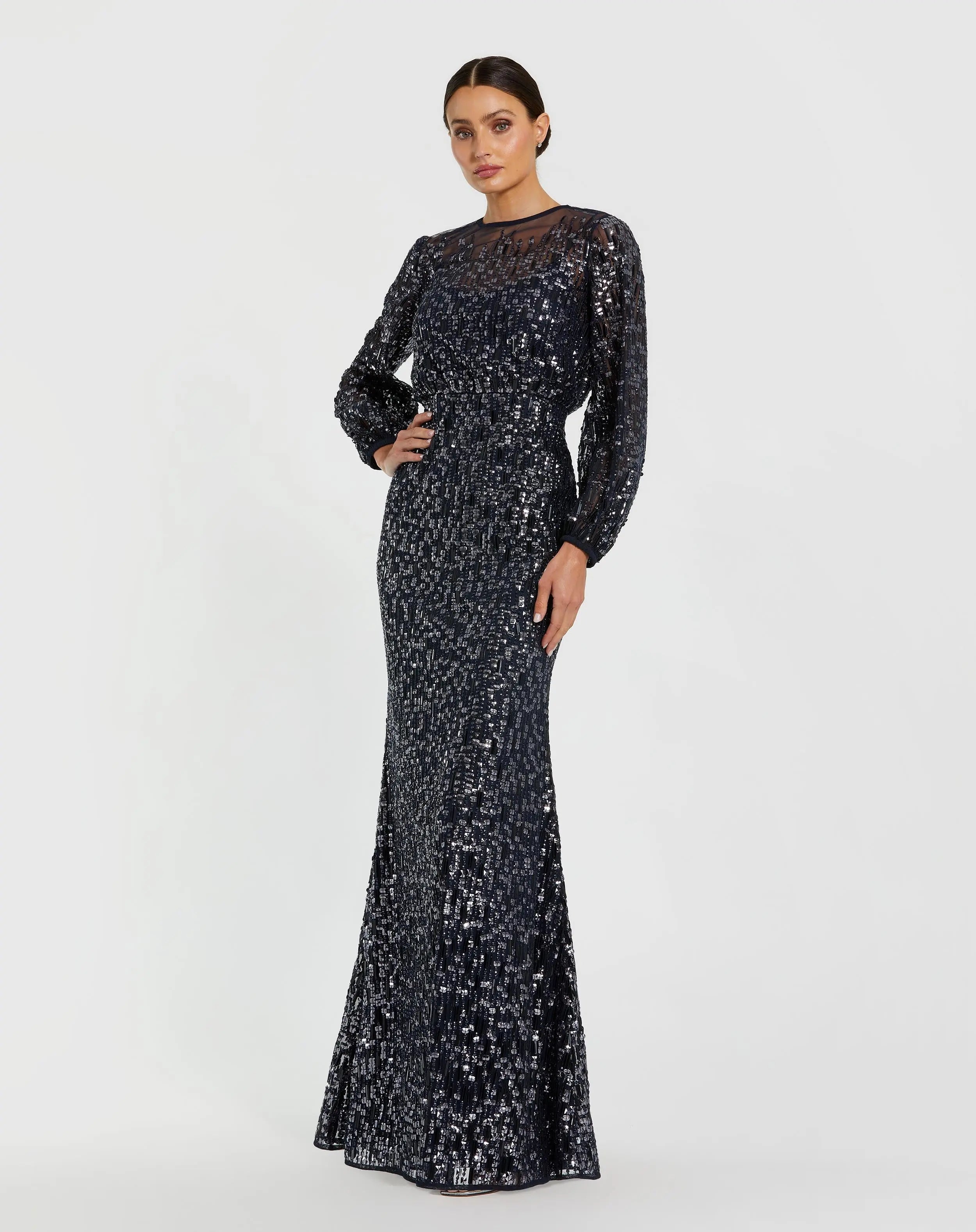 Navy Sequin Long Sleeve Blouson Evening Gown - Mac Duggal