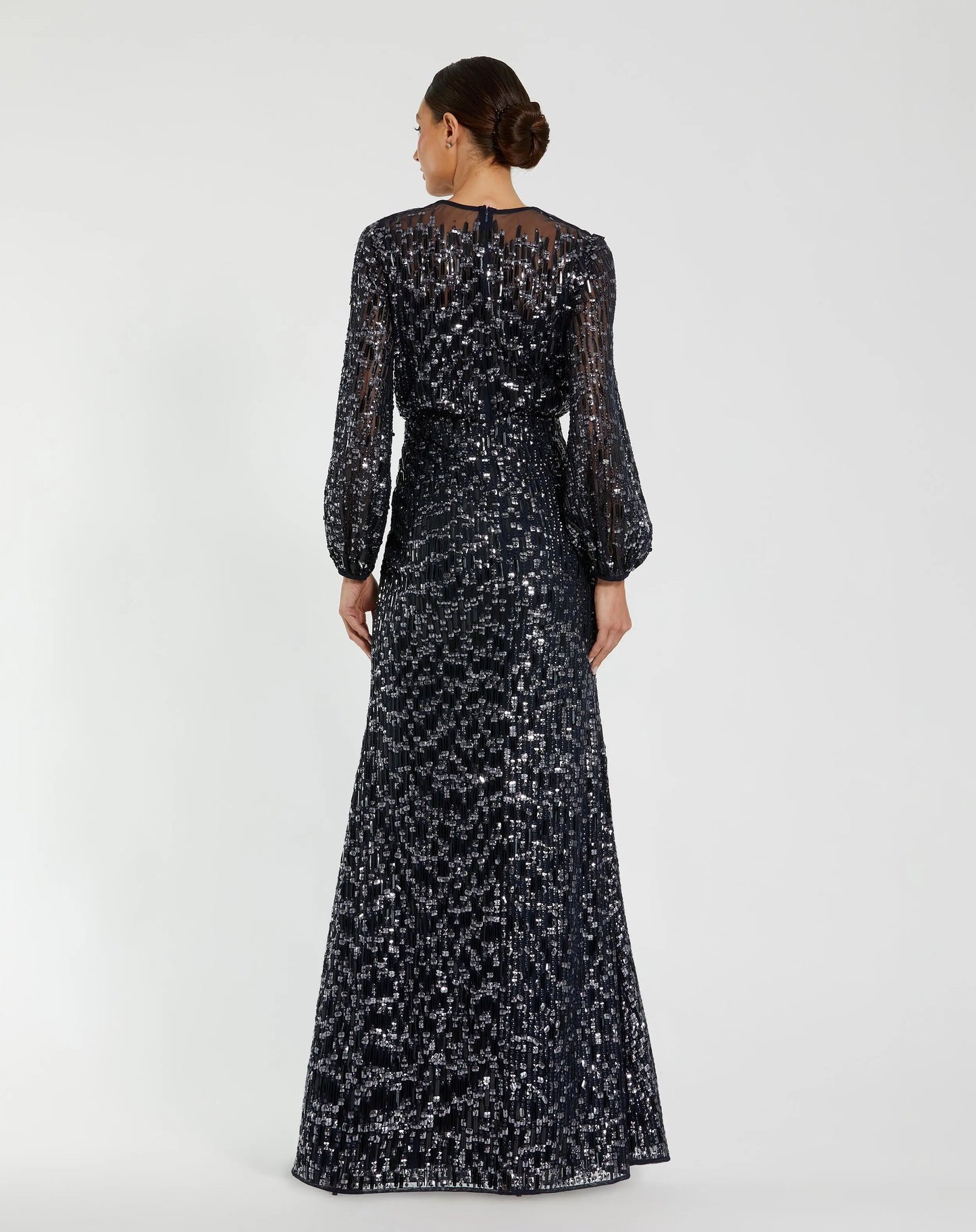 Navy Sequin Long Sleeve Blouson Evening Gown - Mac Duggal