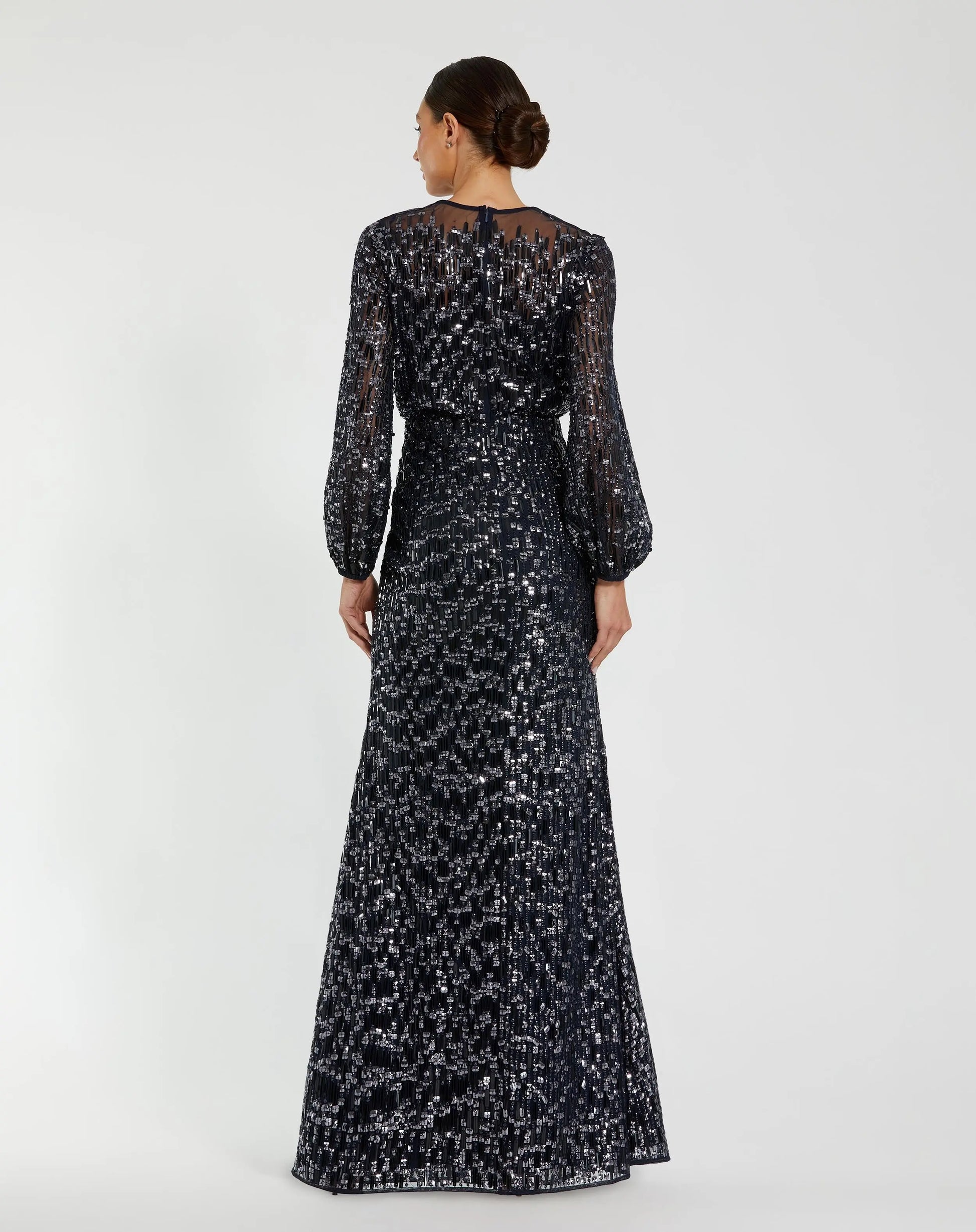 Navy Sequin Long Sleeve Blouson Evening Gown - Mac Duggal