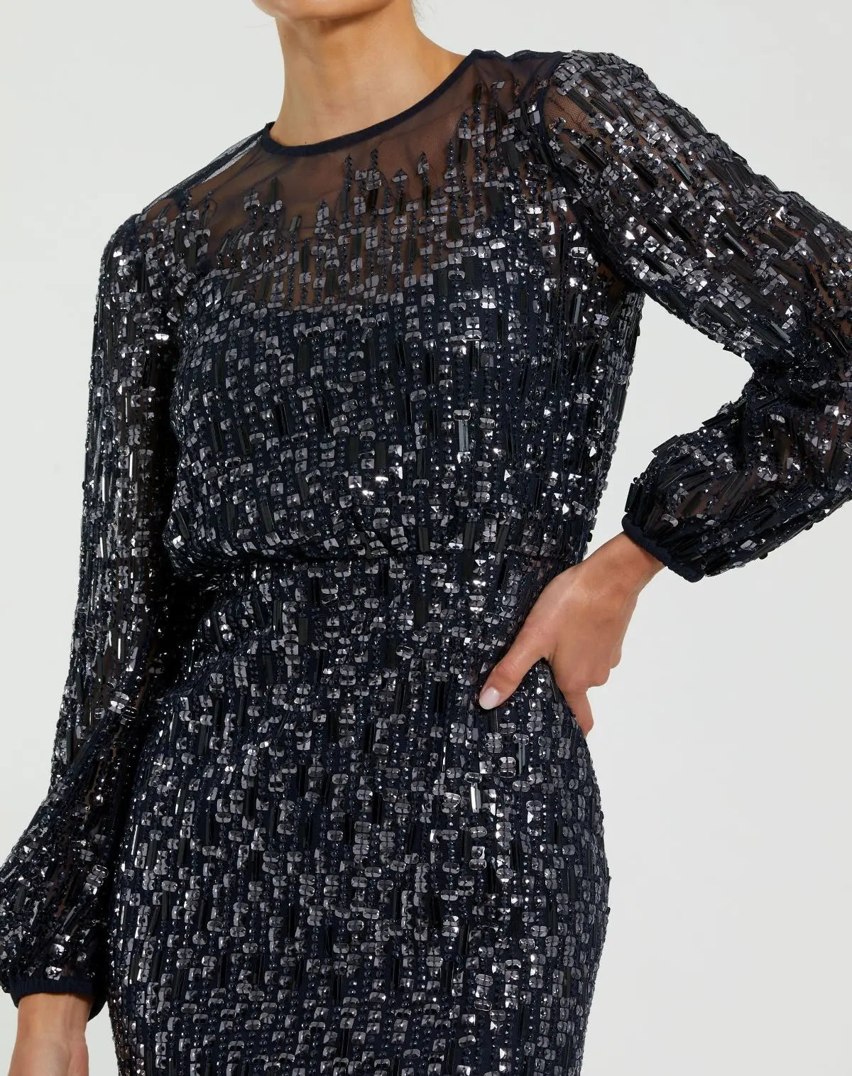 Navy Sequin Long Sleeve Blouson Evening Gown Mac Duggal
