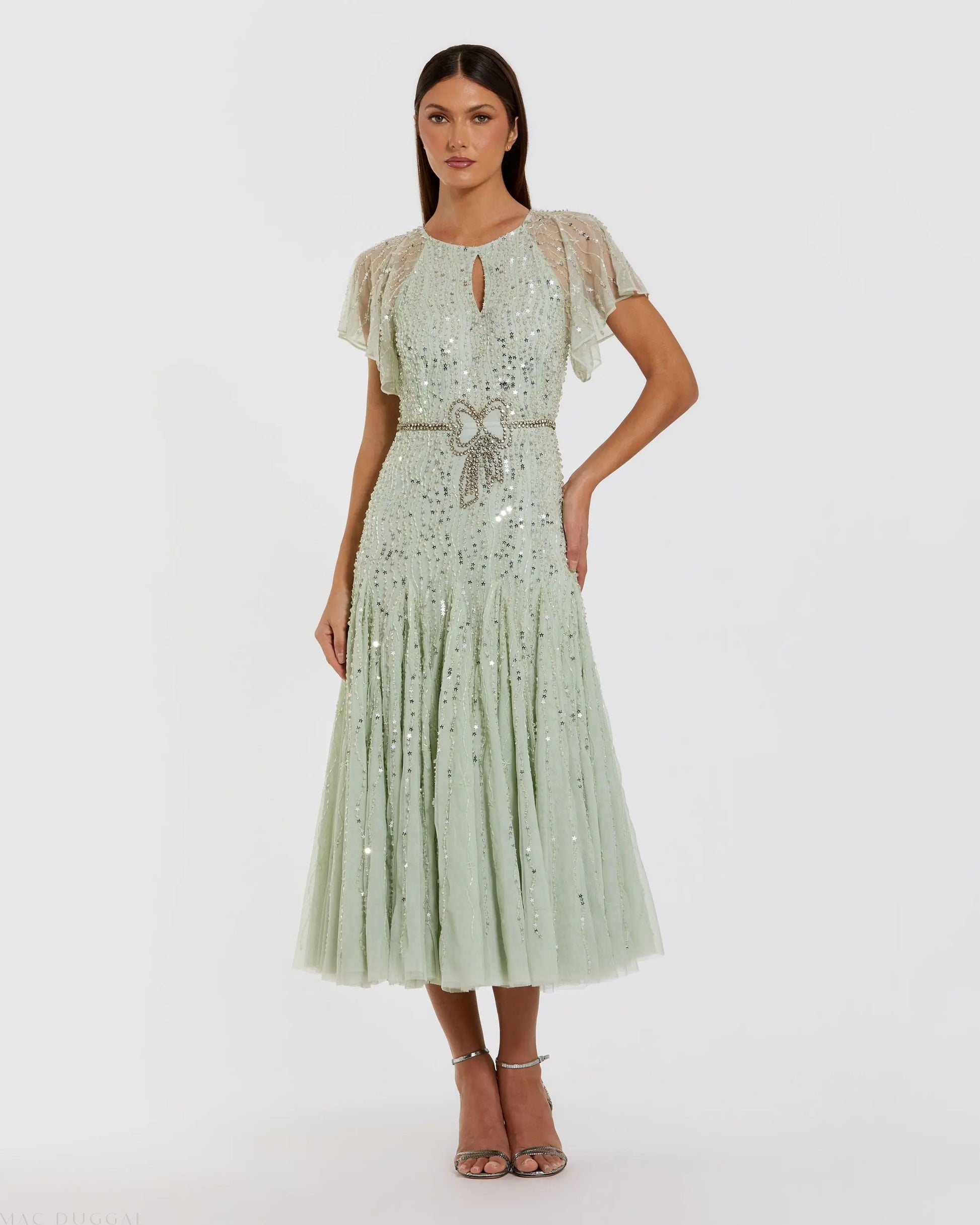 Green Beaded Mesh Flutter Sleeve A Line Midi Dress | Mac Duggal Green Beaded Mesh Flutter Sleeve A Line Midi Dress | Mac Duggal