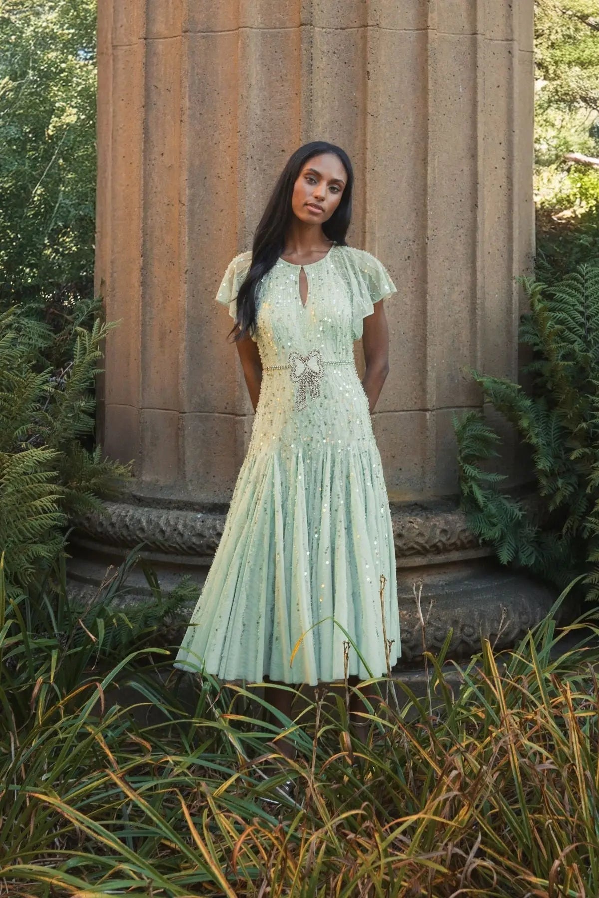 Green Embellished Bow Flutter Sleeve A Line Midi Dress Mac Duggal