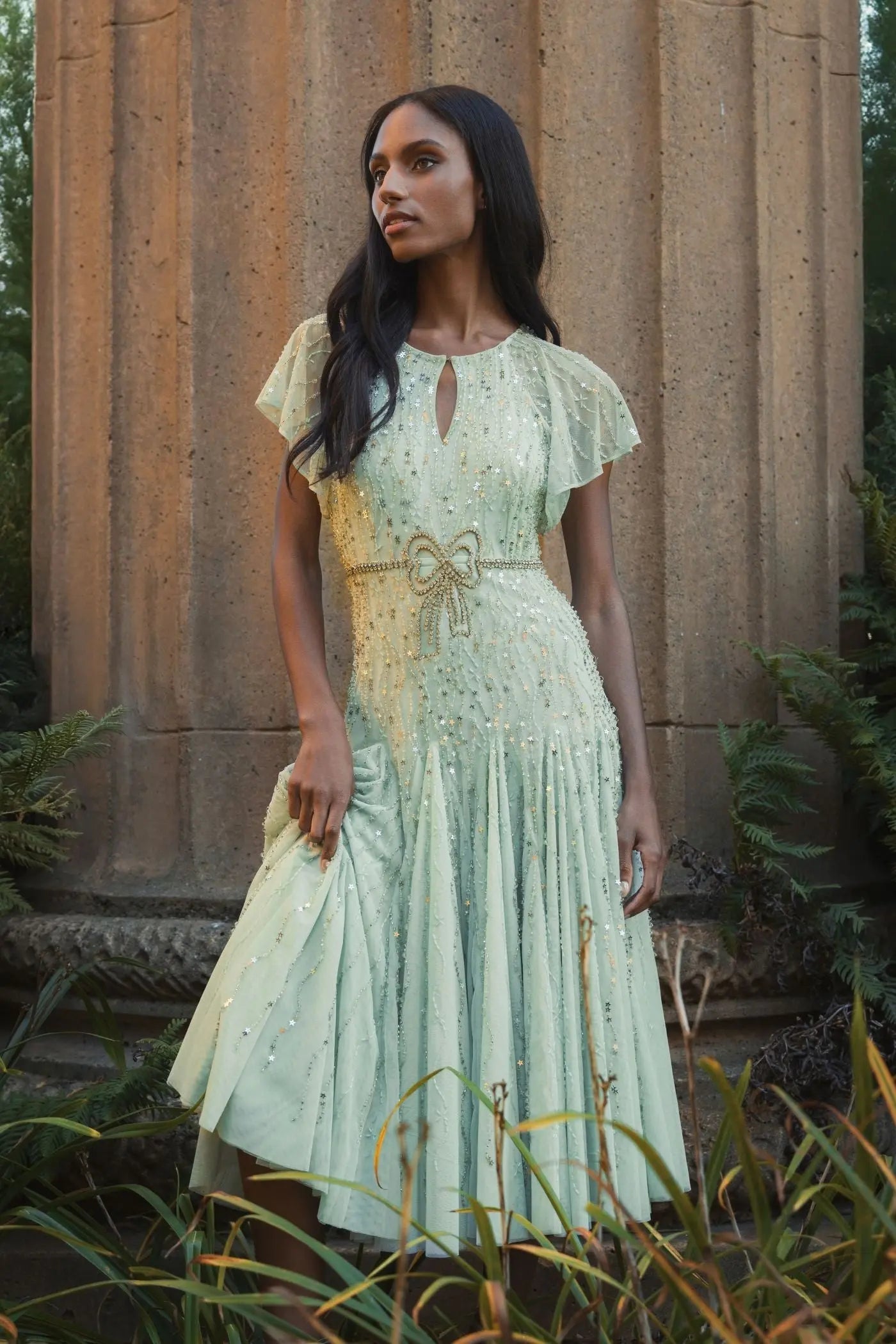 Green Embellished Bow Flutter Sleeve A Line Midi Dress Mac Duggal