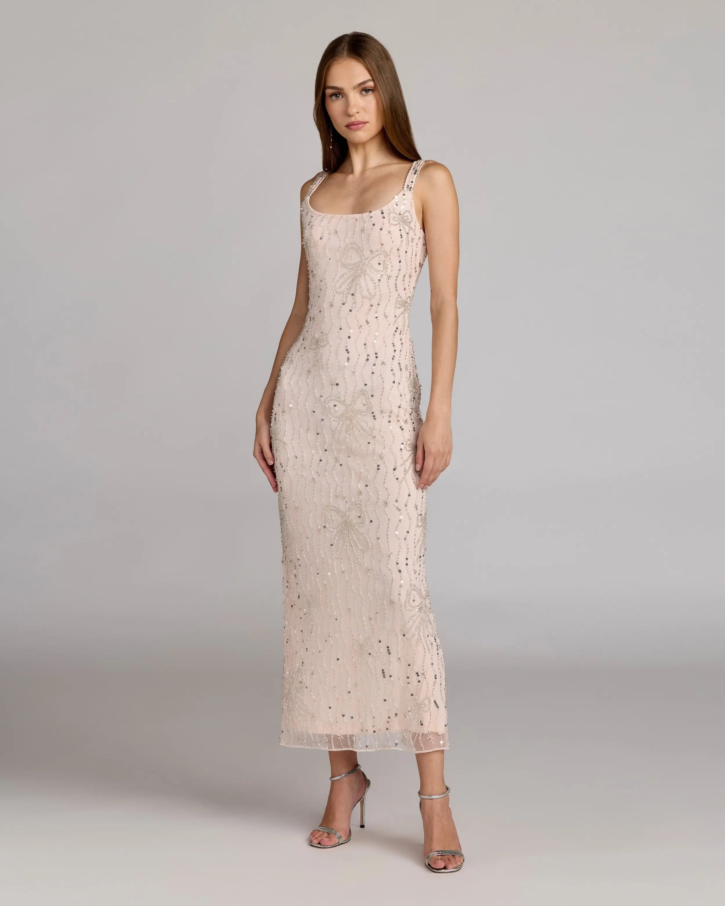 Pink Sleeveless Hand Beaded Floral Midi Dress - Mac Duggal Pink Sleeveless Hand Beaded Floral Midi Dress - Mac Duggal