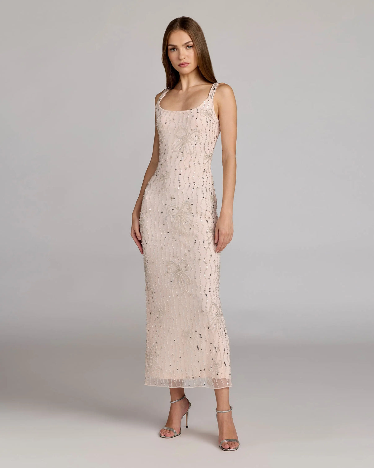 Pink Scoop Neck Embellished Dress With Bow Detail