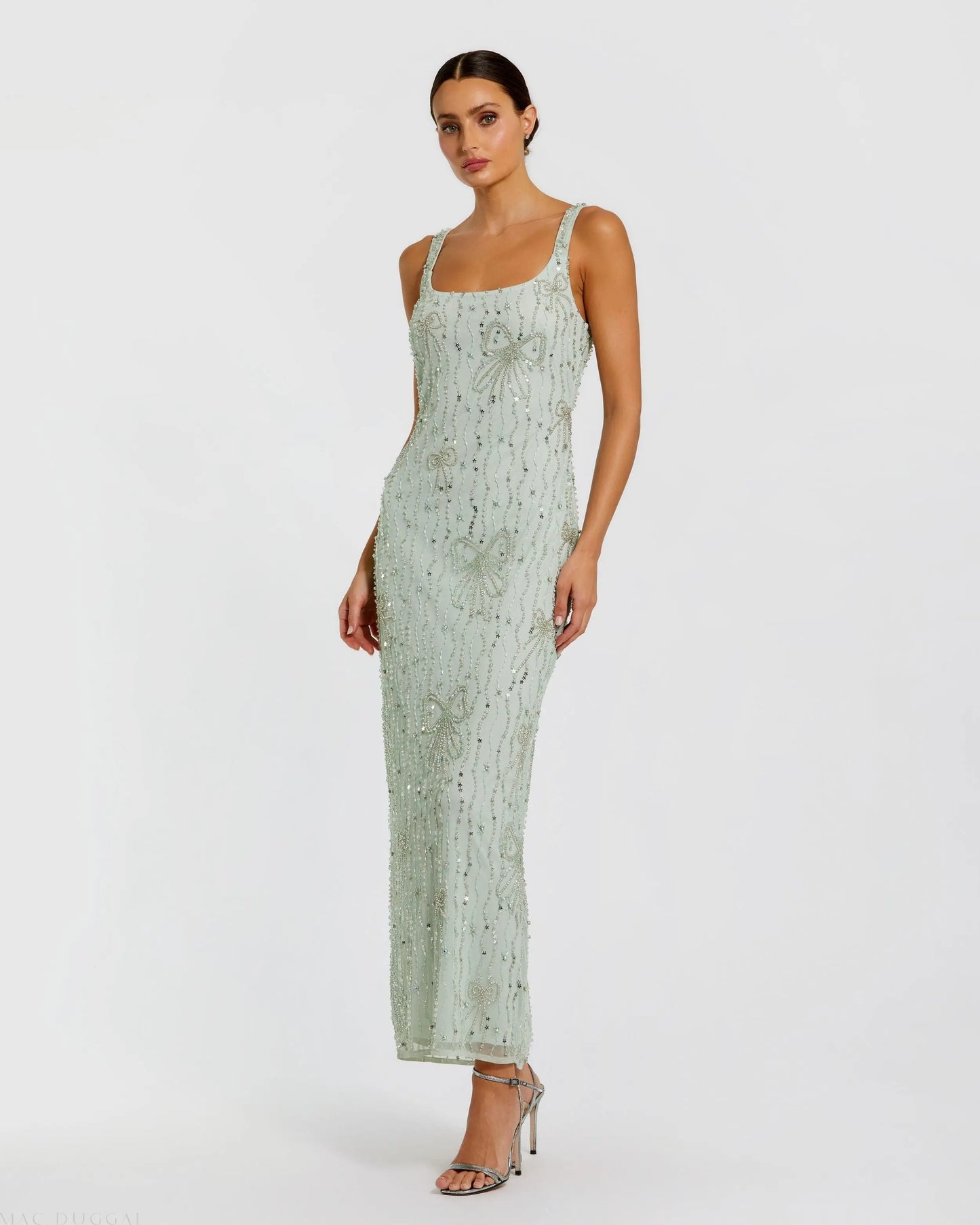 Green Scoop Neck Embellished Dress With Bow Detail | Mac Duggal Green Scoop Neck Embellished Dress With Bow Detail | Mac Duggal