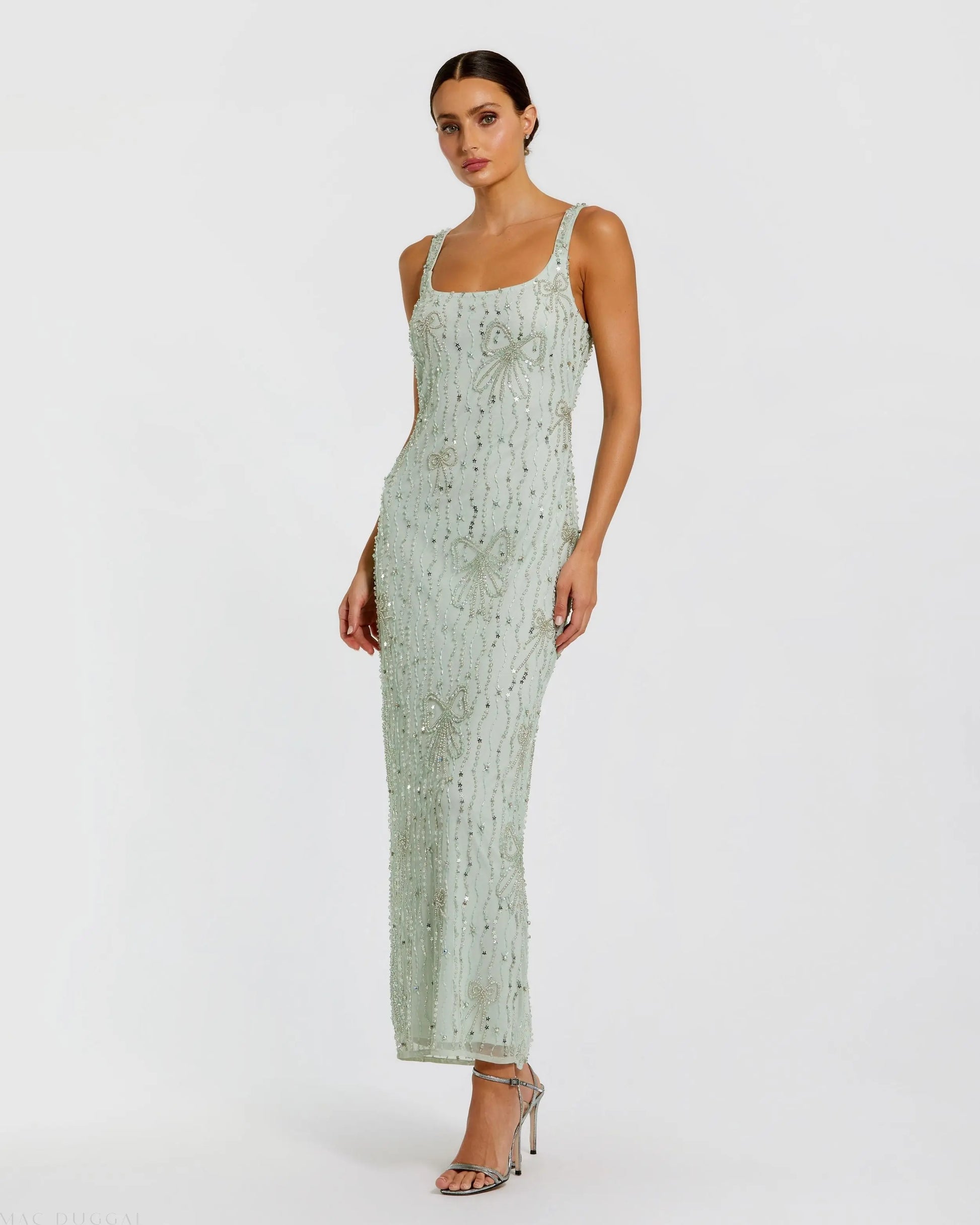 Mac Duggal Women's Beaded Mesh Scoop Neck Fitted Gown With Bows - Seafoam Mac Duggal Women's Beaded Mesh Scoop Neck Fitted Gown With Bows - Seafoam