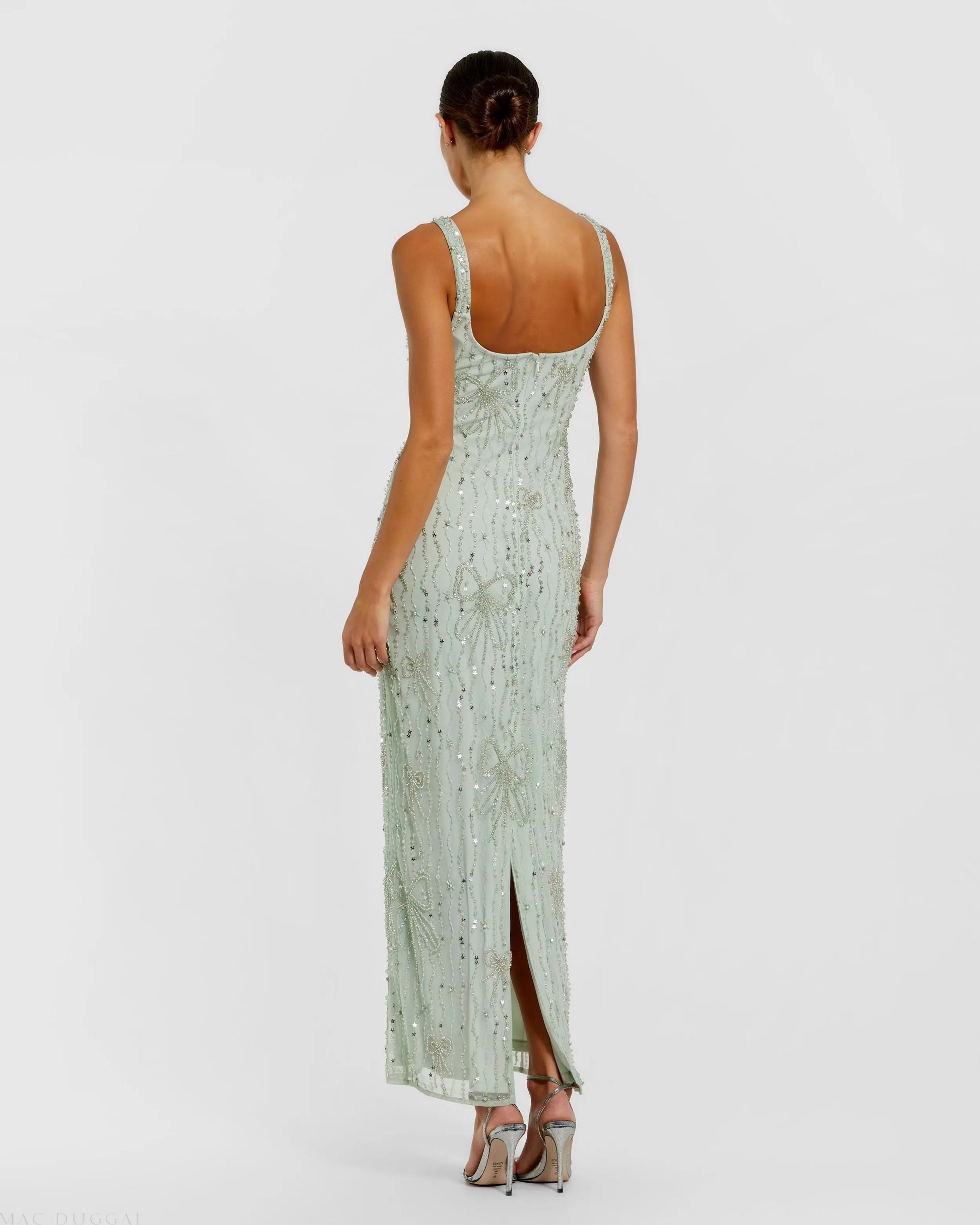 Green Beaded Bow Embellished Midi Dress | Mac Duggal Green Beaded Bow Embellished Midi Dress | Mac Duggal