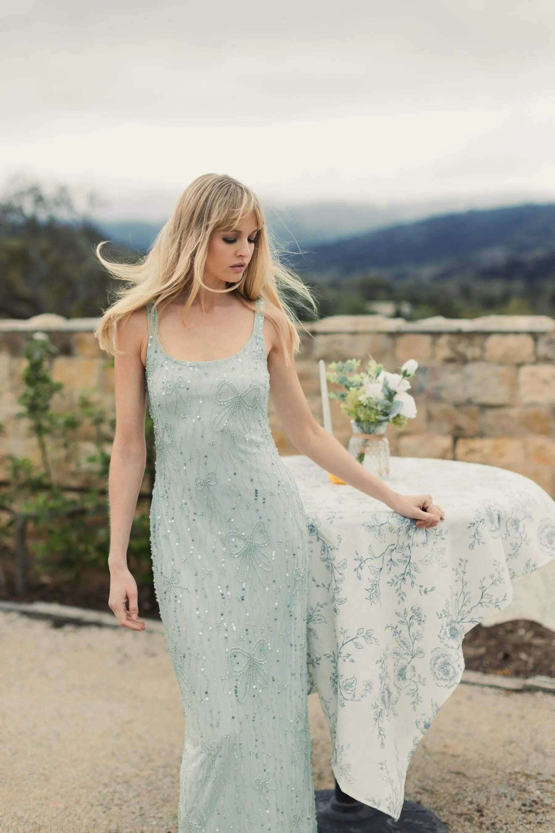 Green Beaded Mesh Scoop Neck Fitted Gown With Bows - Mac Duggal