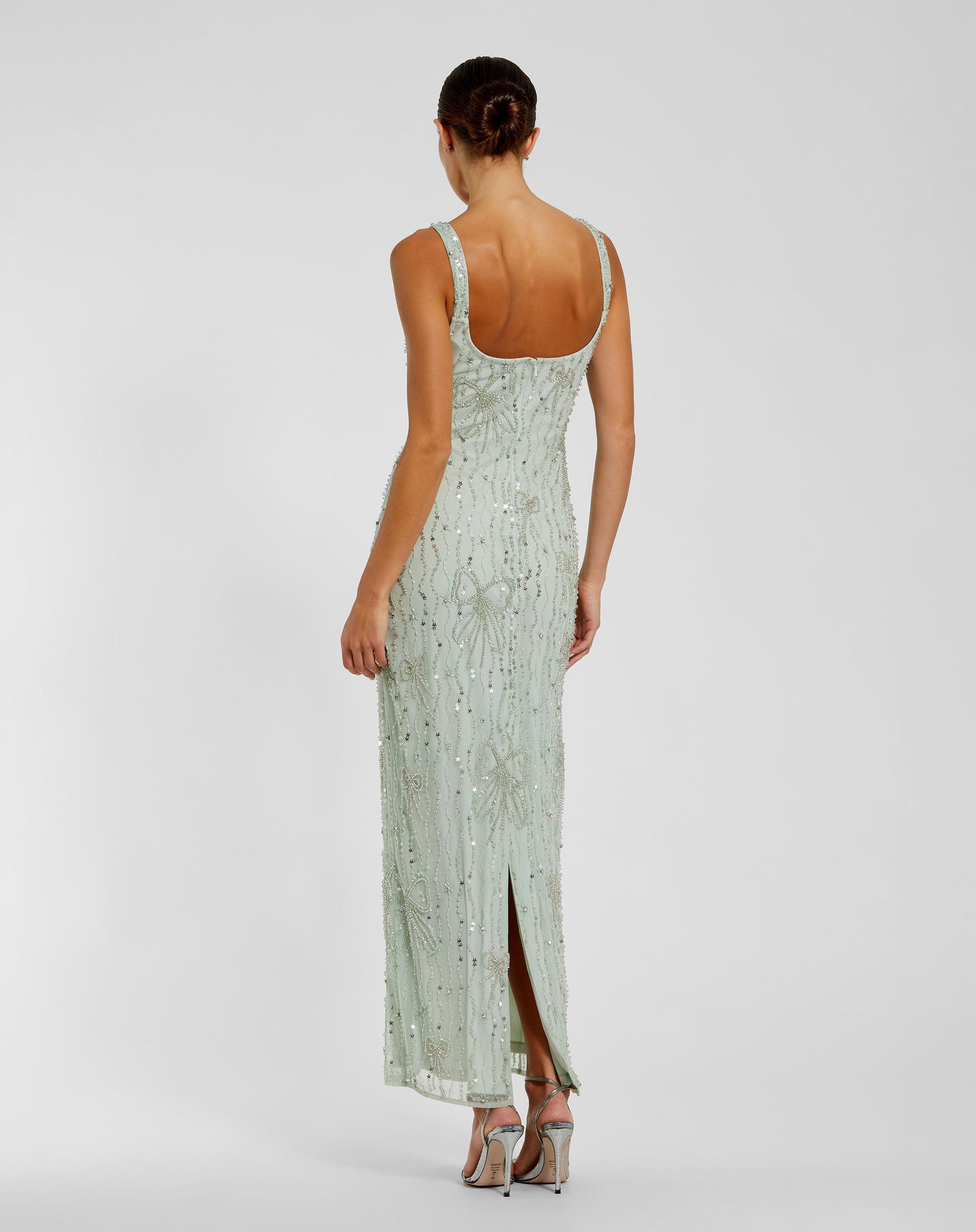 Beaded Mesh Scoop Neck Fitted Gown With Bows