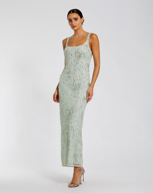 Beaded Mesh Scoop Neck Fitted Gown With Bows