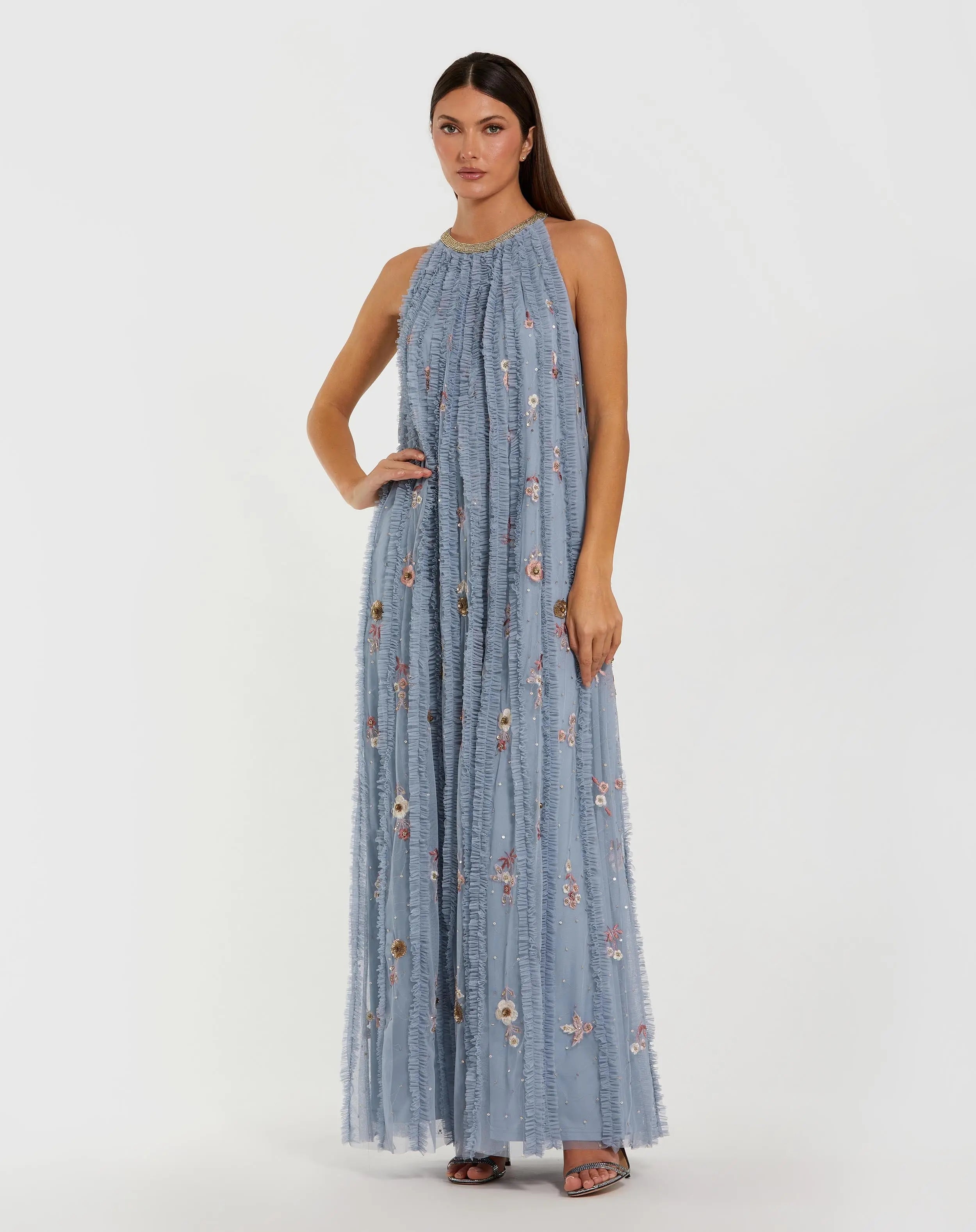 Blue Ruffled Trapeze Gown with Floral Embroidery | Mac Duggal