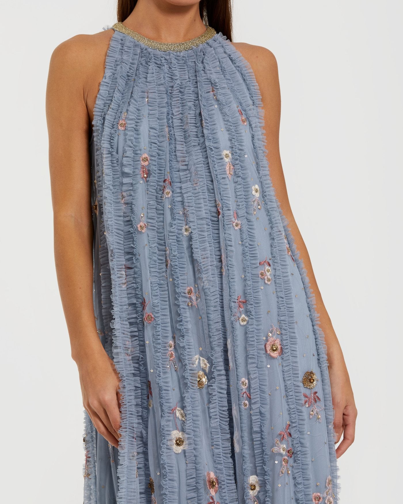 Blue Ruffled Trapeze Gown with Floral Embroidery Mac Duggal