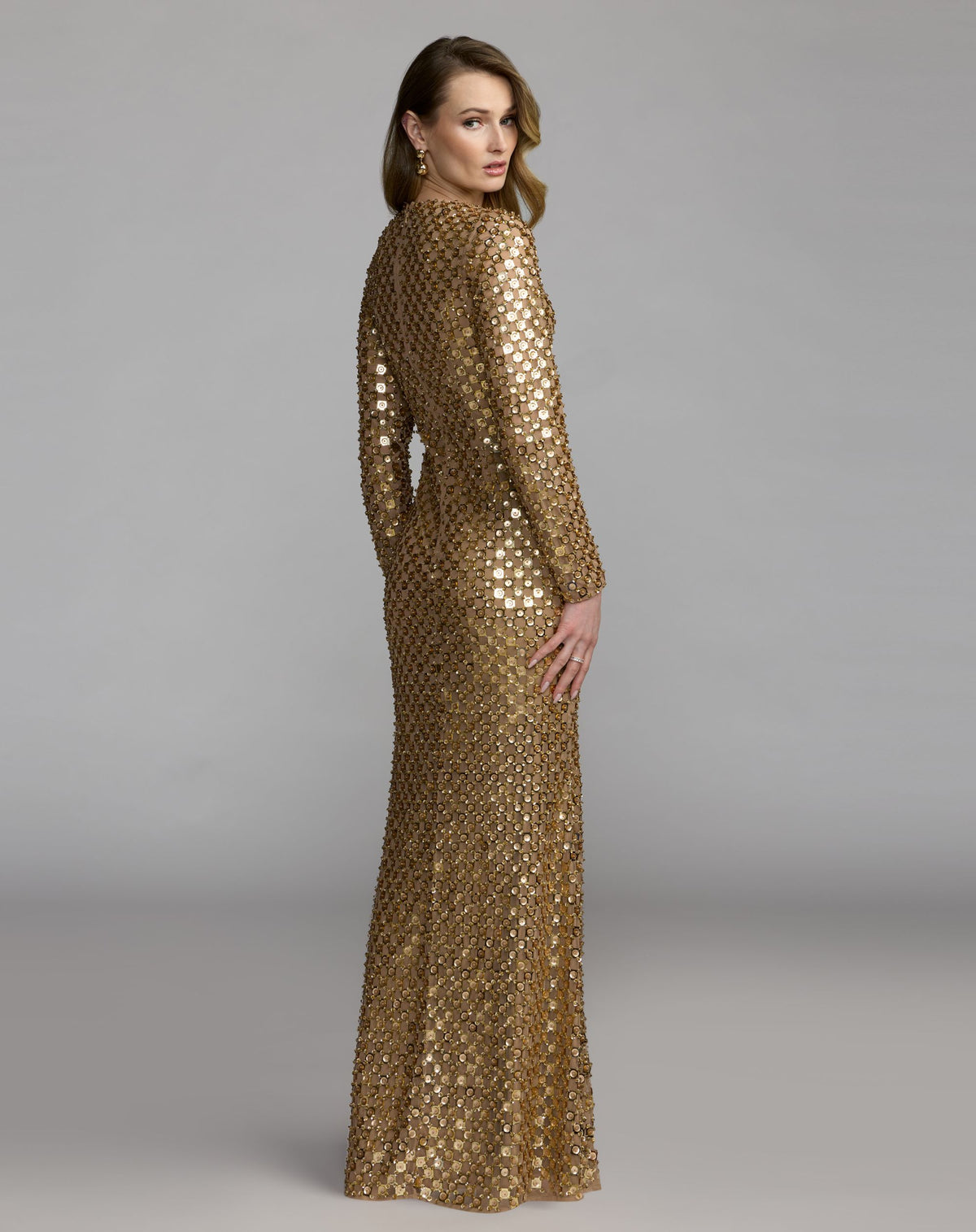 Gold Geometric Sequin Long Sleeve Column Gown- Mac Duggal