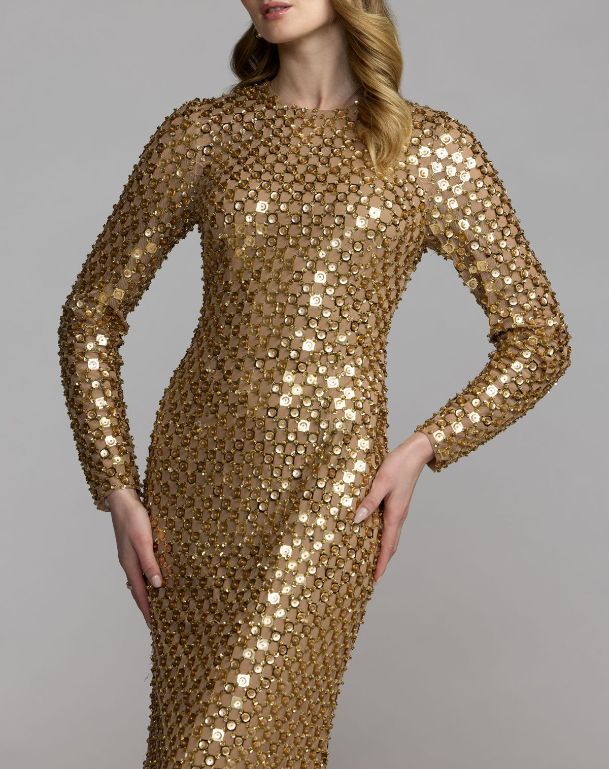 Gold Geometric Sequin Long Sleeve Column Gown- Mac Duggal