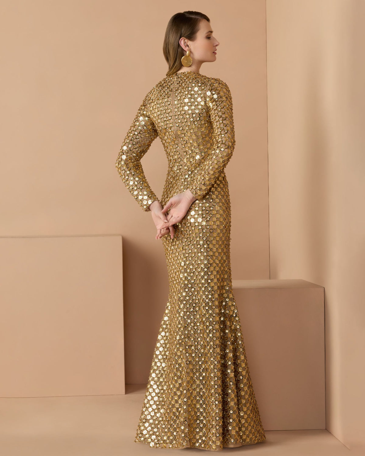 Gold Geometric Sequin Long Sleeve Column Gown - Mac Duggal