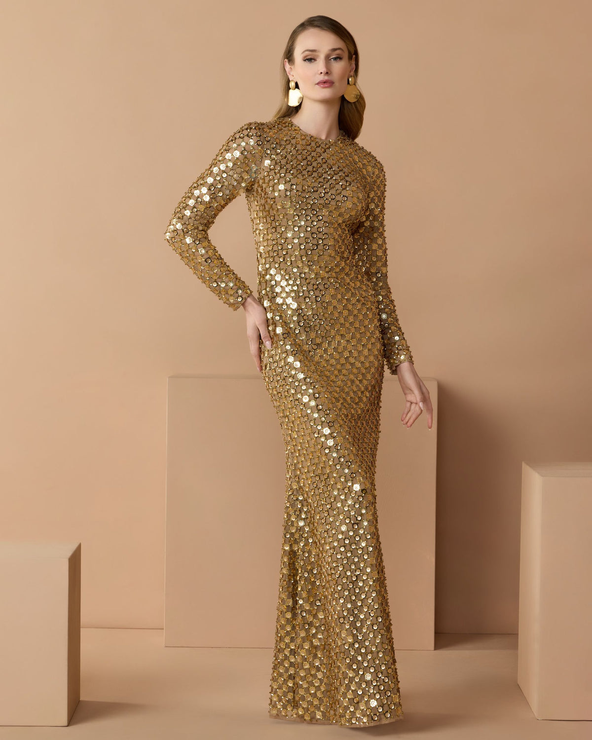 Gold Geometric Sequin Long Sleeve Column Gown - Mac Duggal