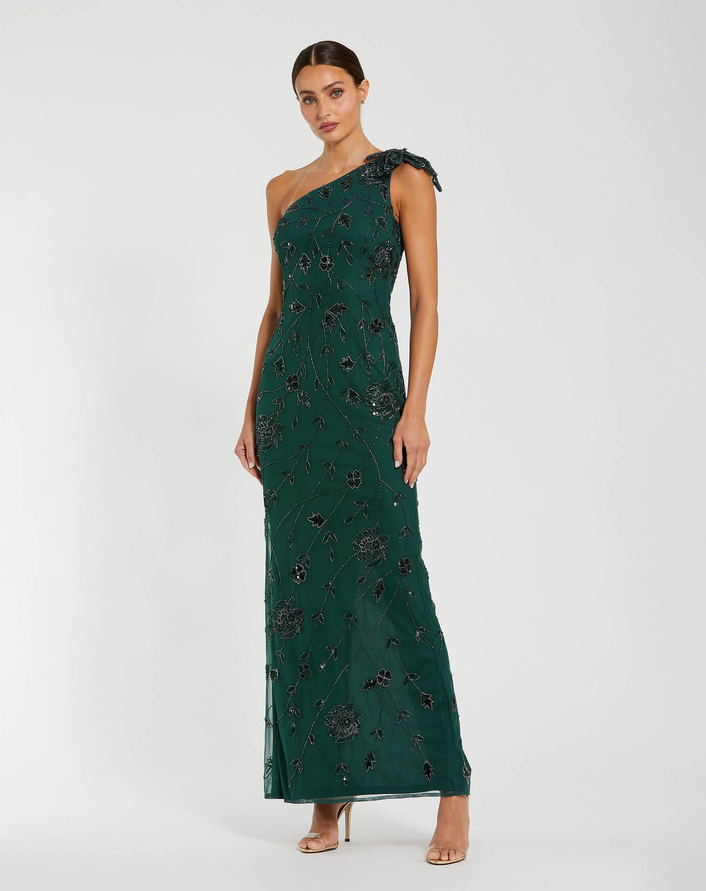 Green Floral Beaded One Shoulder Gown - Mac Duggal