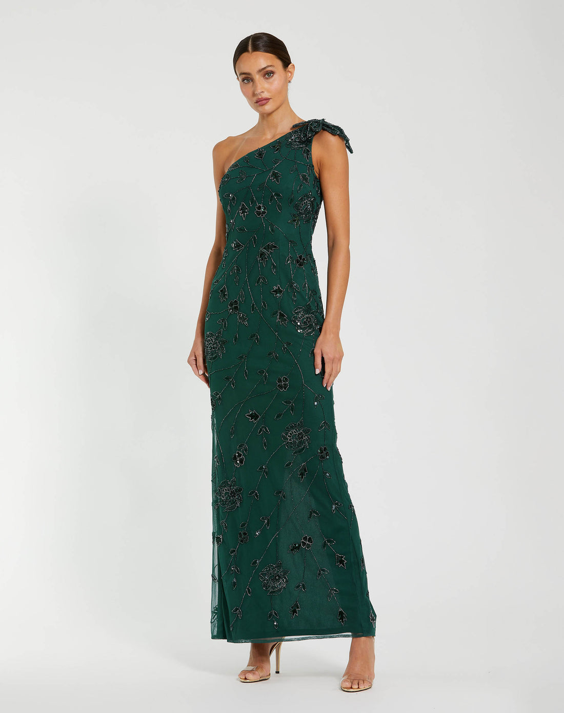Green Floral Beaded One Shoulder Gown - Mac Duggal
