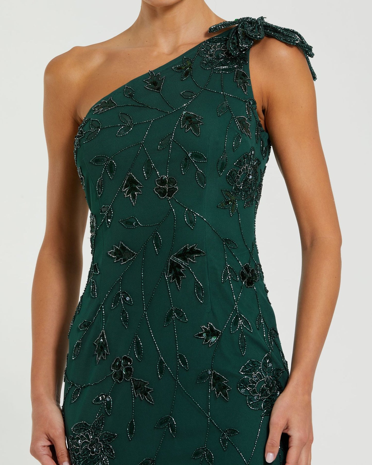 Green Floral Beaded One Shoulder Gown - Mac Duggal