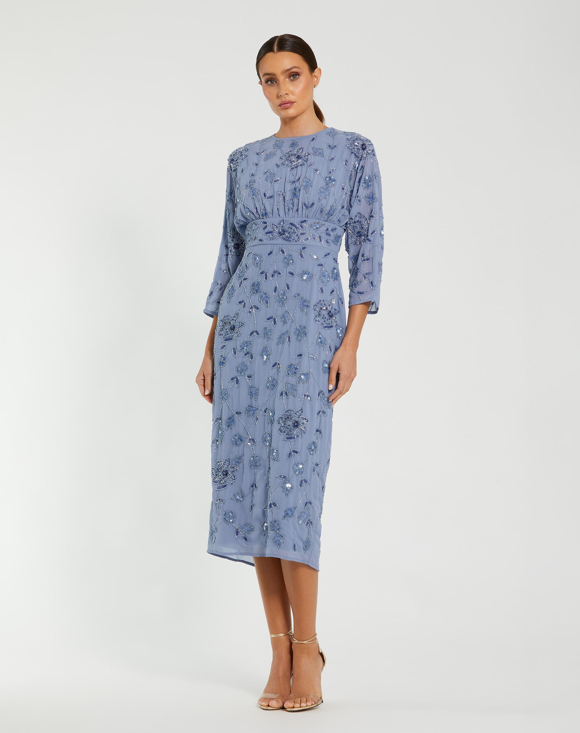 Blue Floral Embellished Midi Dress with 3/4 Sleeves - Mac Duggal