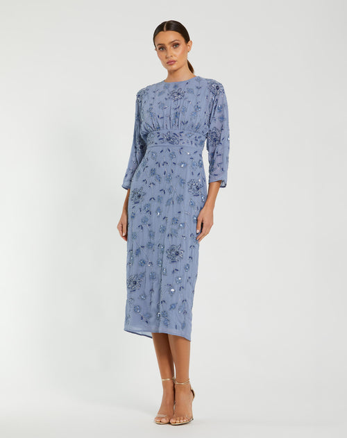 Blue Floral Embellished Midi Dress with 3/4 Sleeves - Mac Duggal