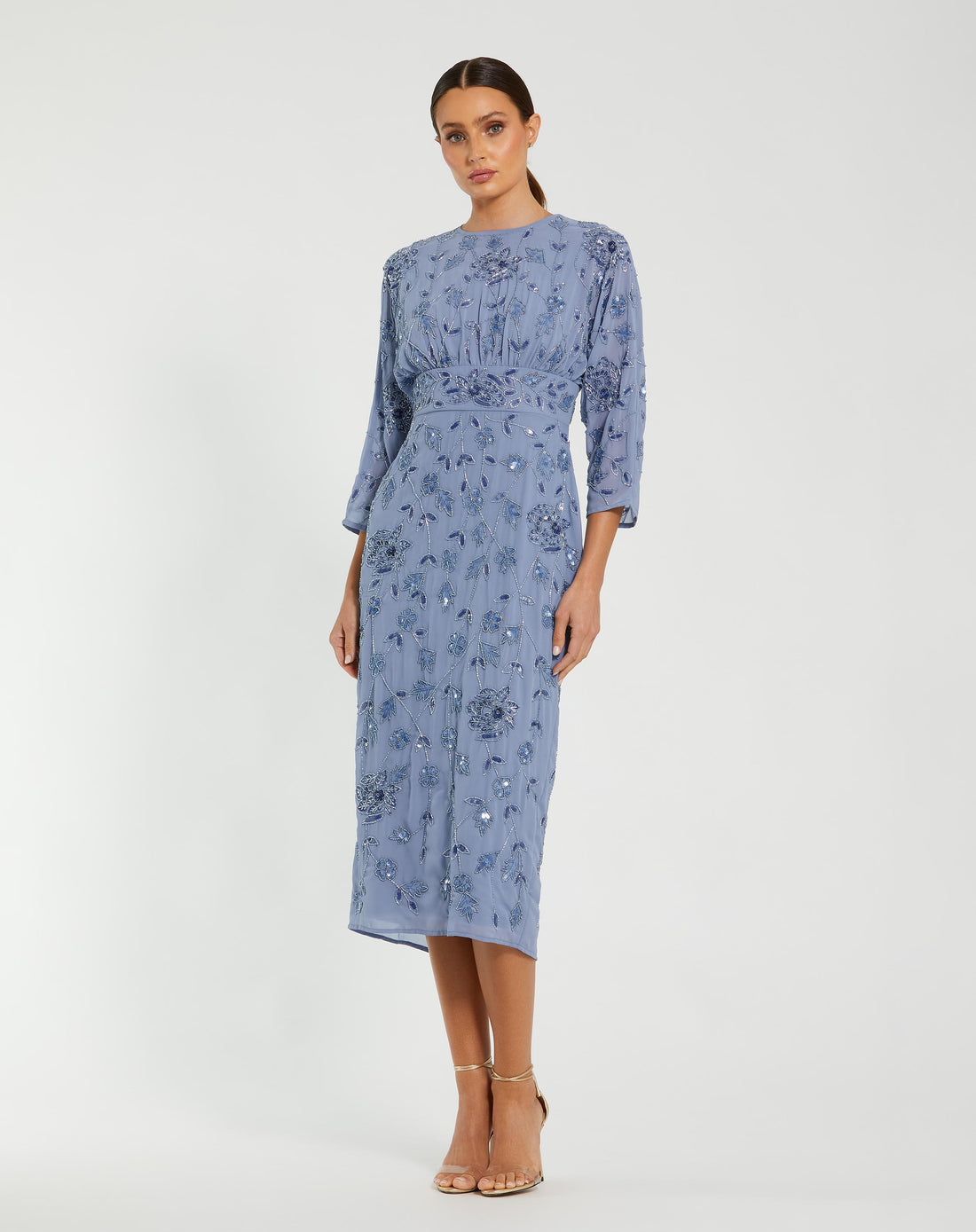 Blue Floral Embellished Midi Dress with 3/4 Sleeves - Mac Duggal