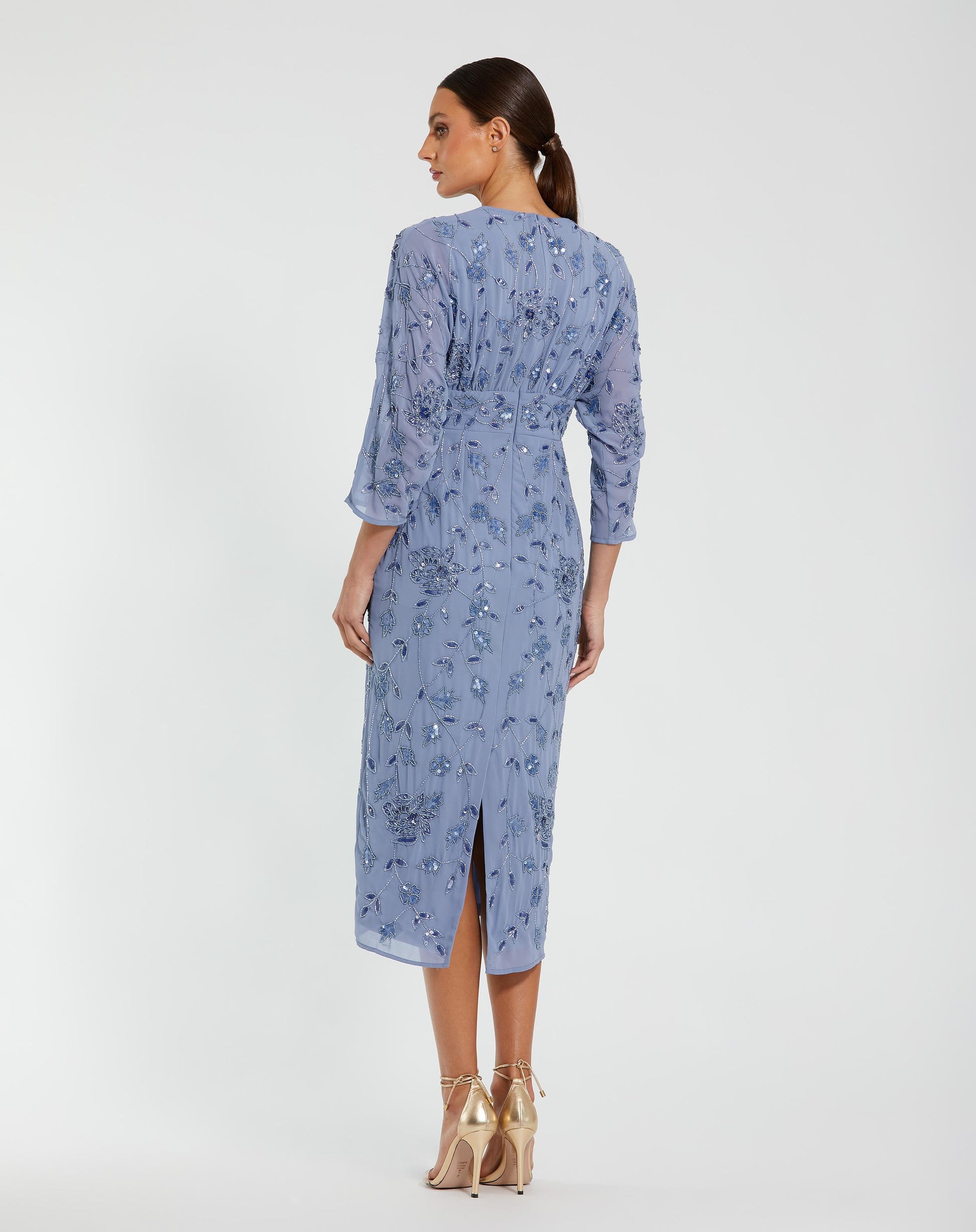 Blue Floral Embellished Midi Dress with 3/4 Sleeves - Mac Duggal
