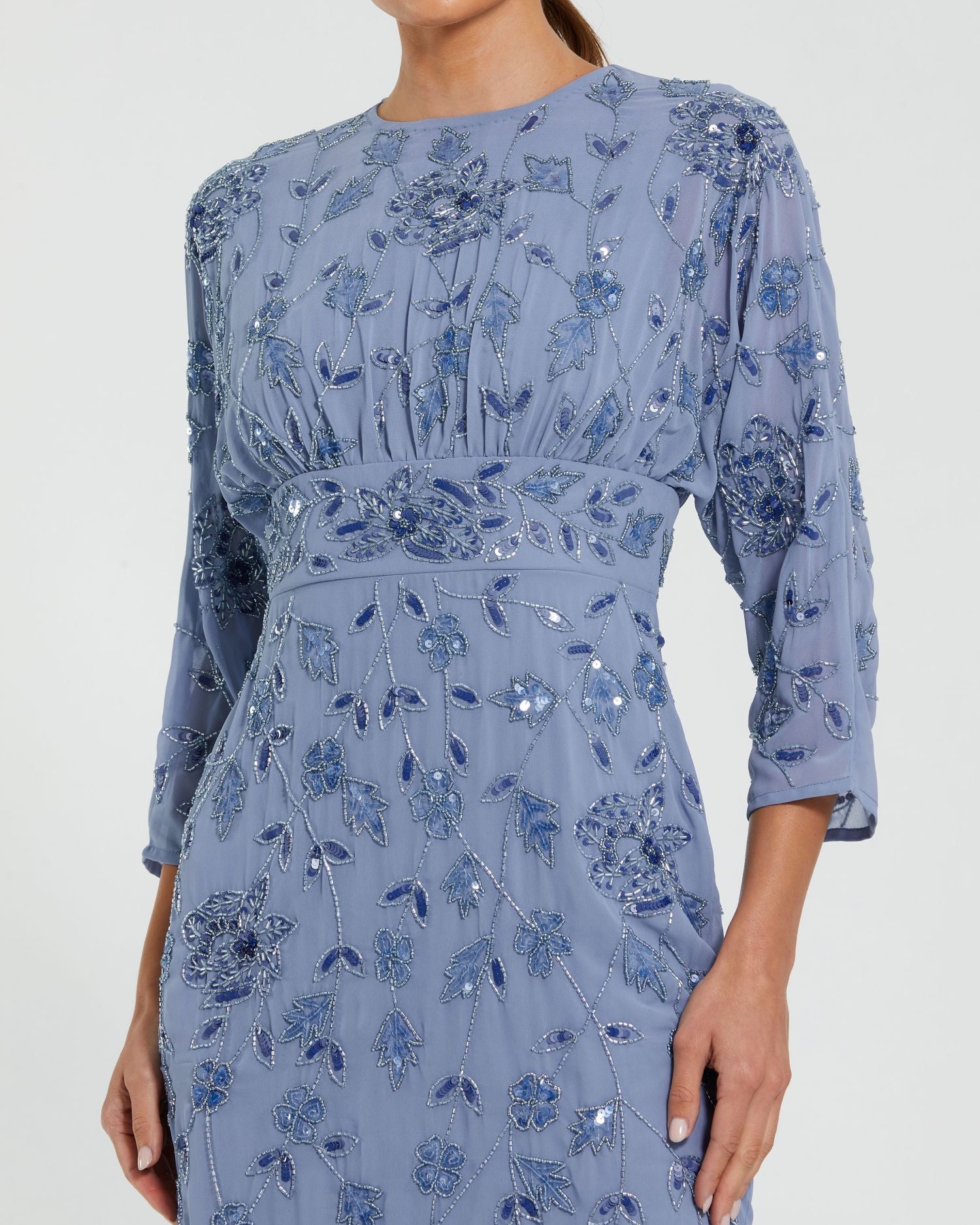 Blue Floral Embellished Midi Dress with 3/4 Sleeves Mac Duggal