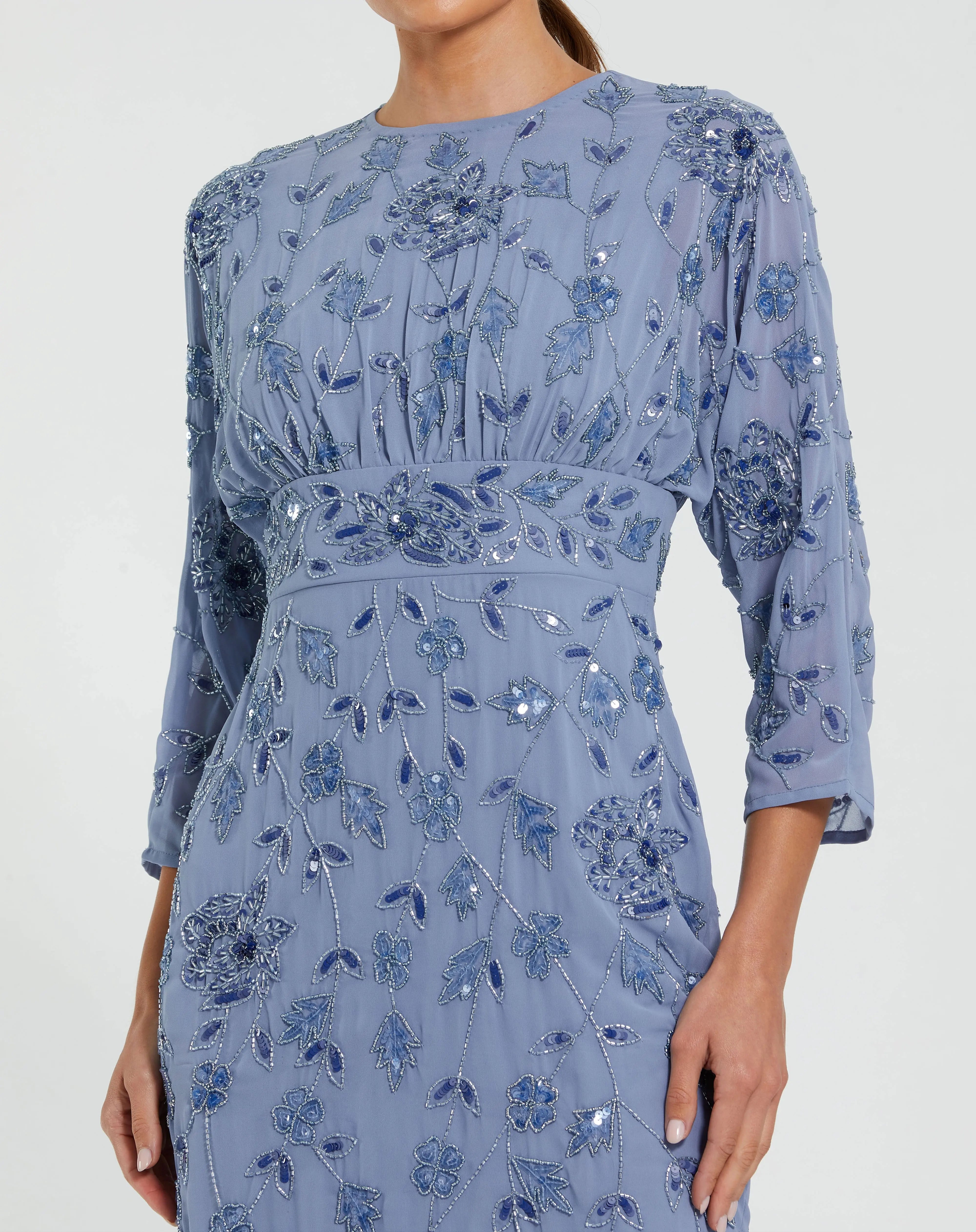 Blue Floral Embellished Midi Dress with 3/4 Sleeves Mac Duggal