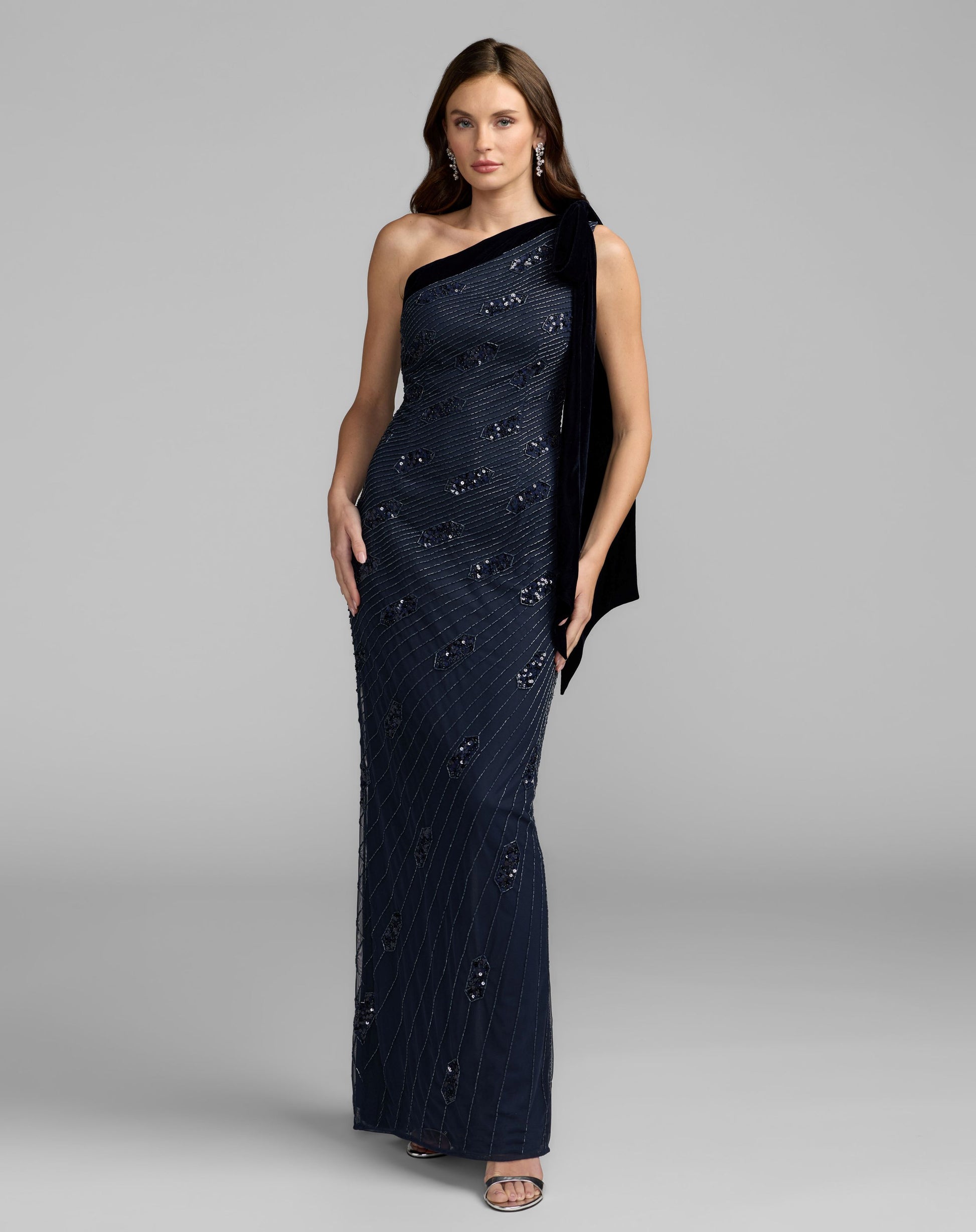 Navy Beaded One Shoulder Gown With Velvet Bow - Mac Duggal