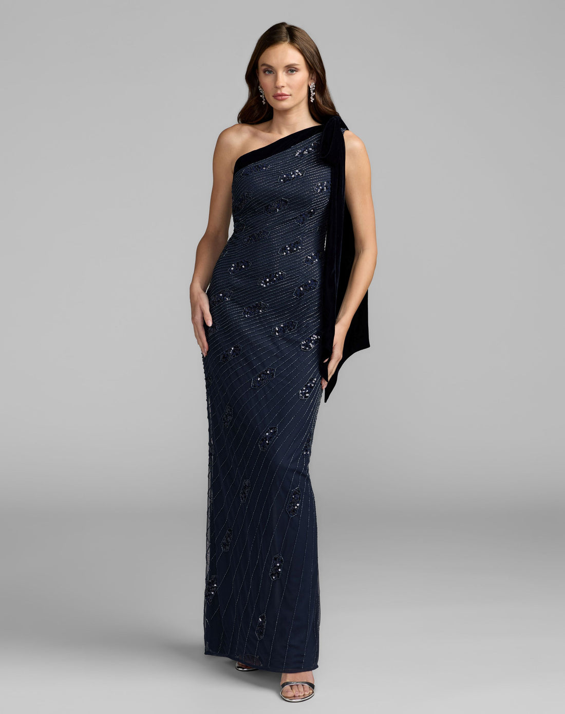 Navy Beaded One Shoulder Gown With Velvet Bow - Mac Duggal