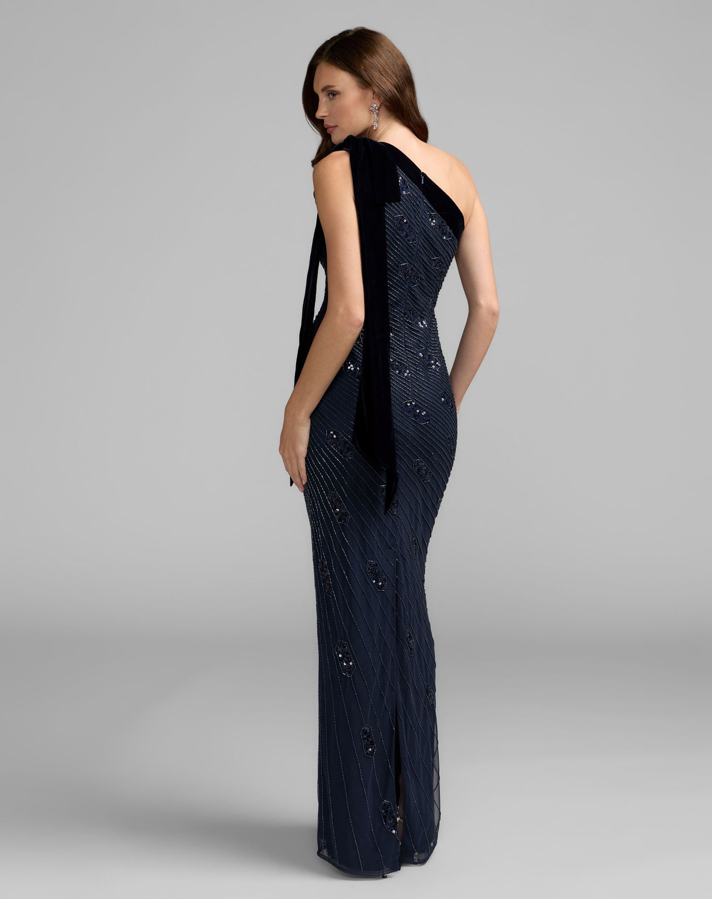 Navy Beaded One Shoulder Gown With Velvet Bow - Mac Duggal