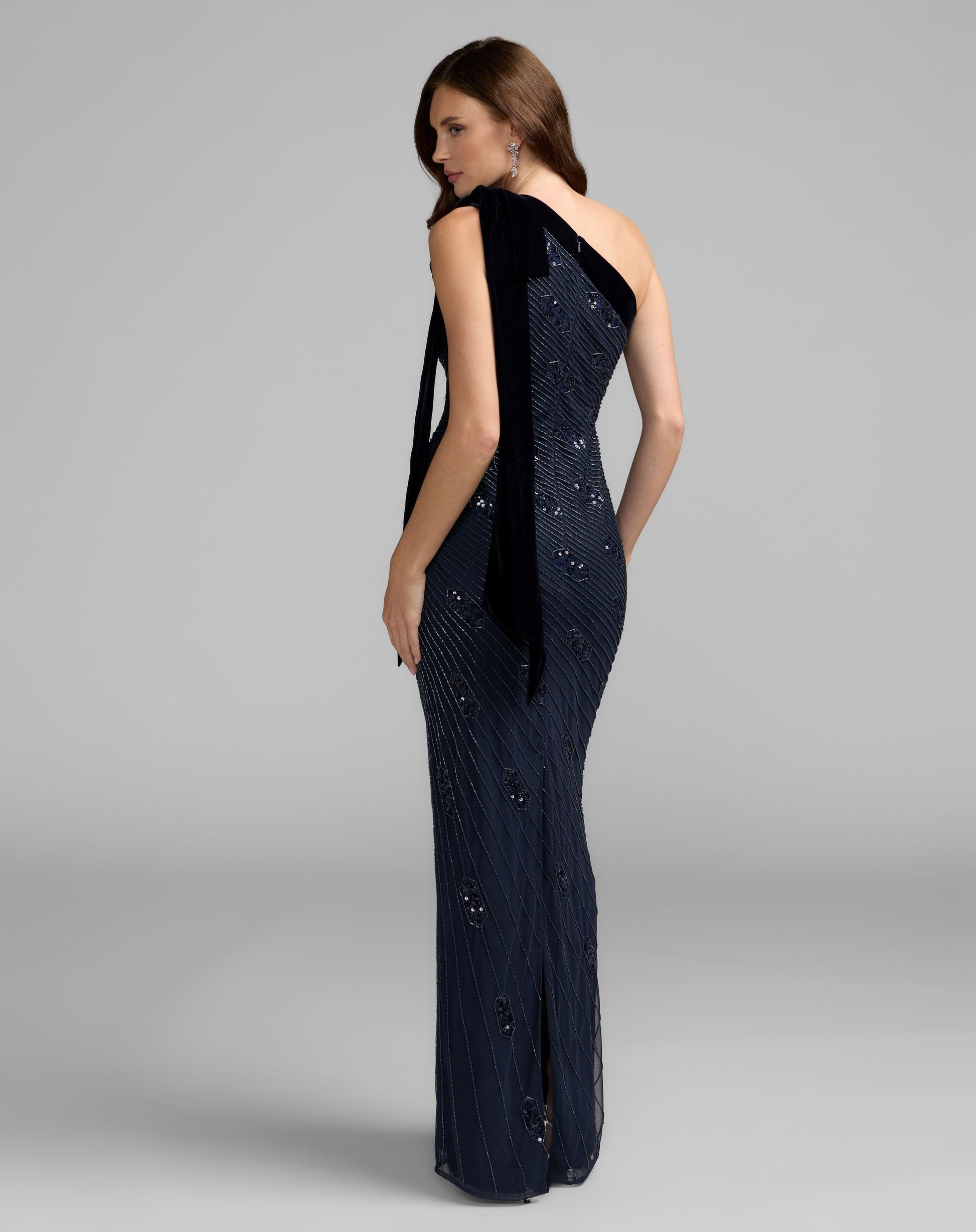 Navy Beaded One Shoulder Gown With Velvet Bow - Mac Duggal