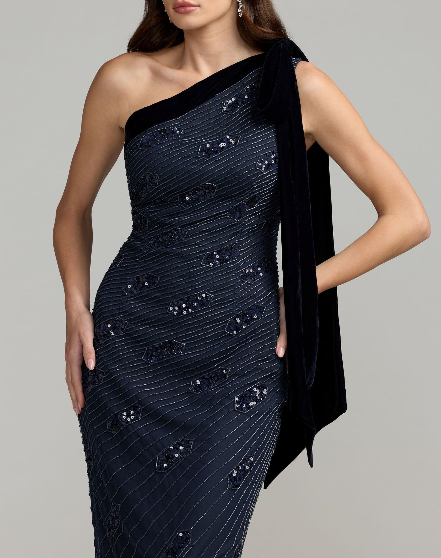 Navy Beaded One Shoulder Gown With Velvet Bow - Mac Duggal